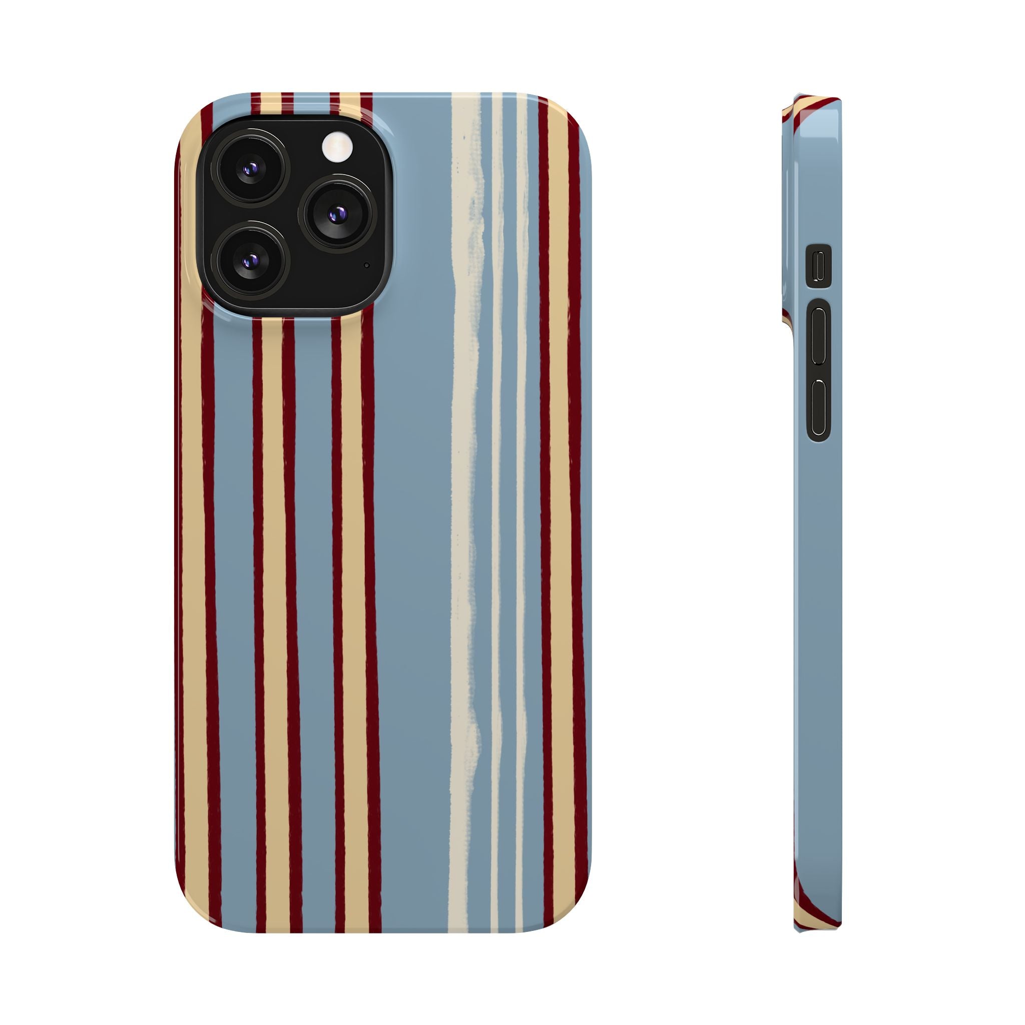 Retro Striped Slim Phone Case — Blue, Cream & Burgundy Vertical Lines