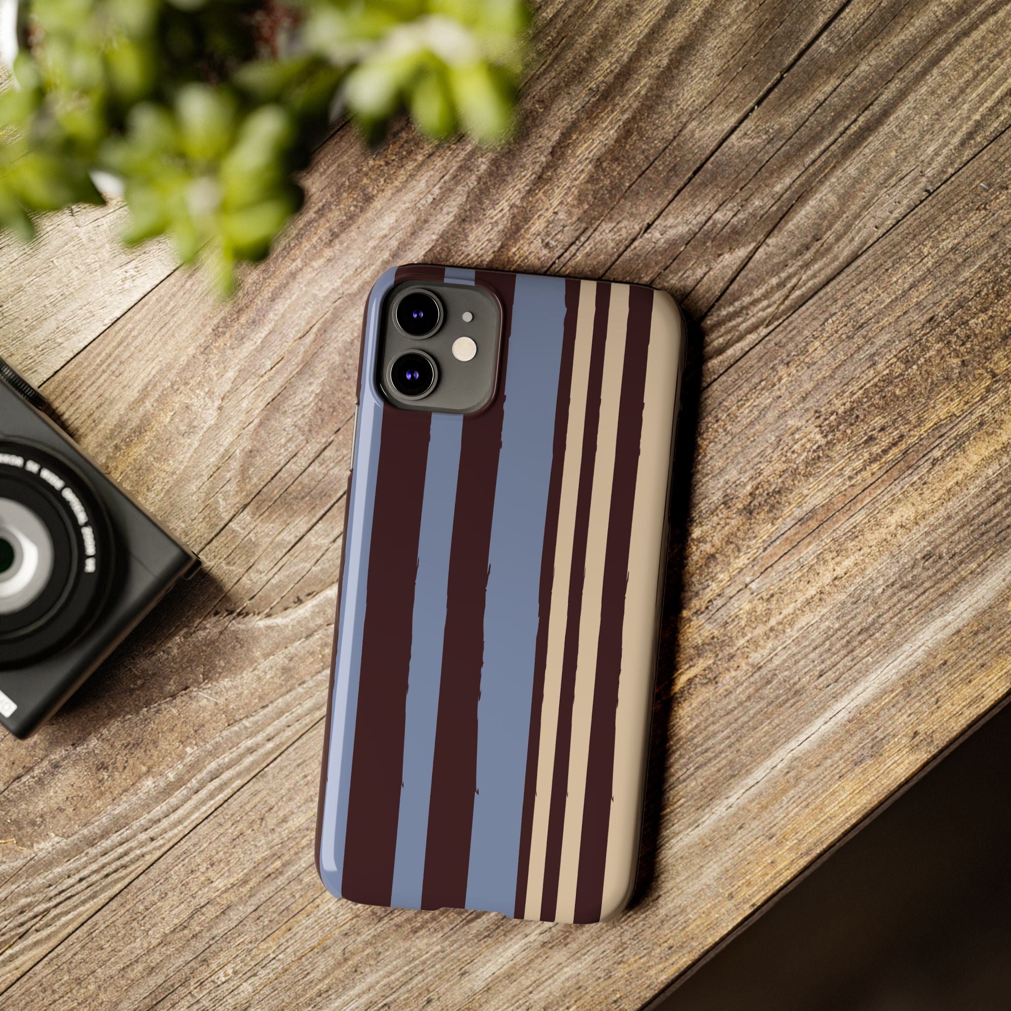 Retro Striped Slim Phone Case — Blue, Brown & Cream Vertical Stripes