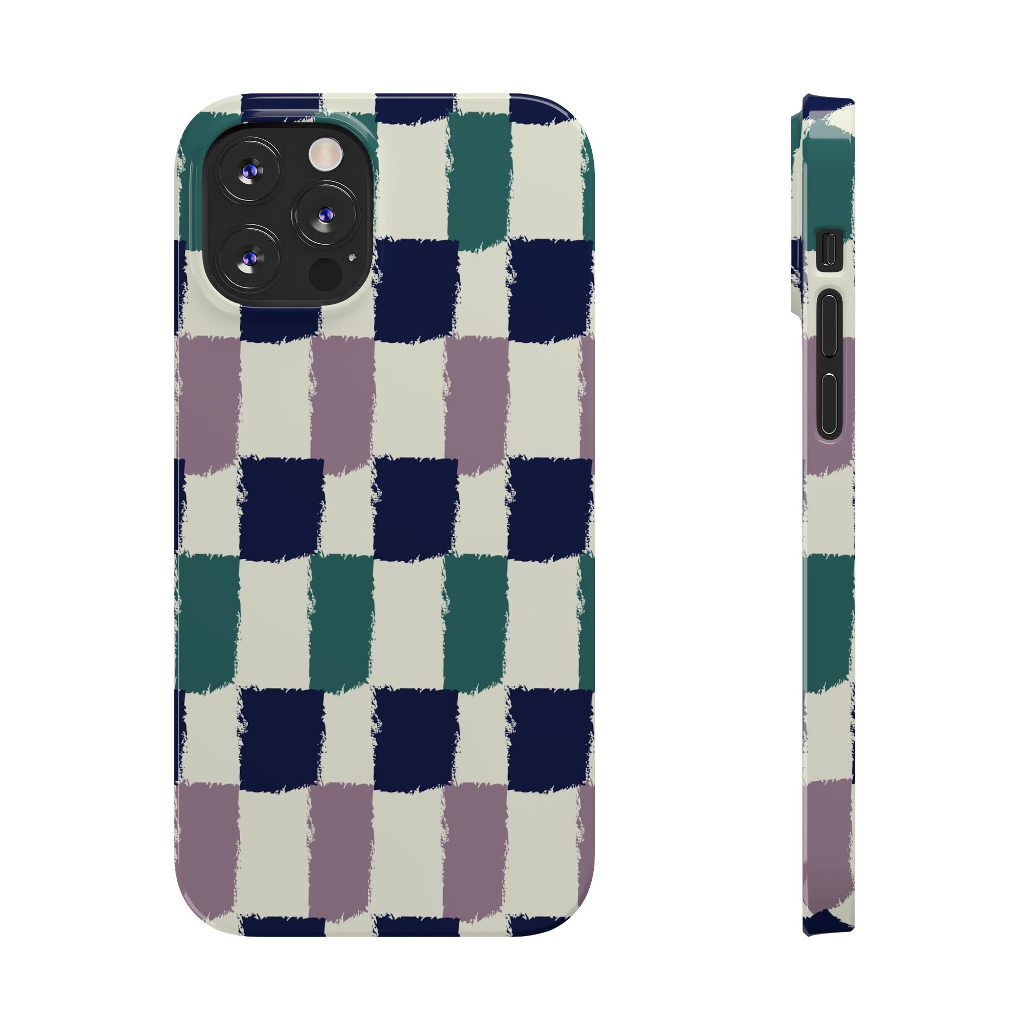 Painterly Check Slim Phone Case — Hand-Painted Navy, Teal & Lavender Grid