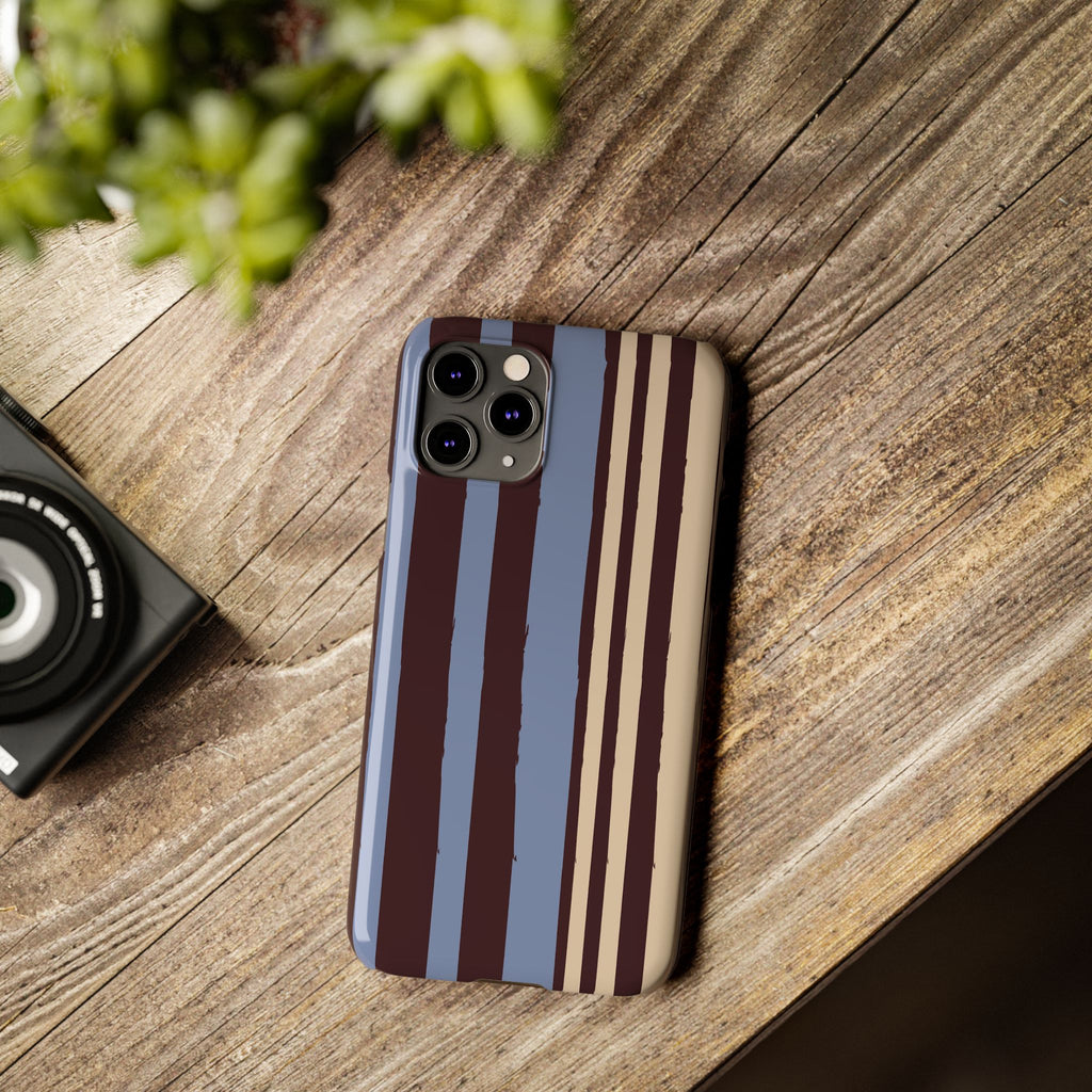 Retro Striped Slim Phone Case — Blue, Brown & Cream Vertical Stripes