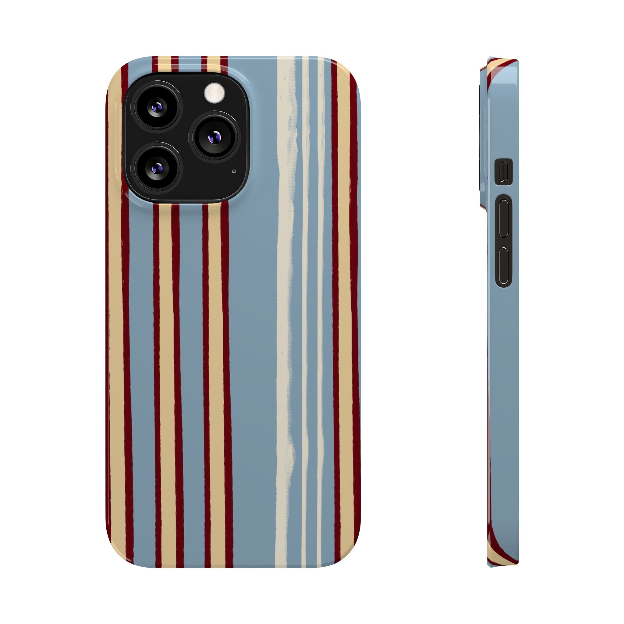 Retro Striped Slim Phone Case — Blue, Cream & Burgundy Vertical Lines
