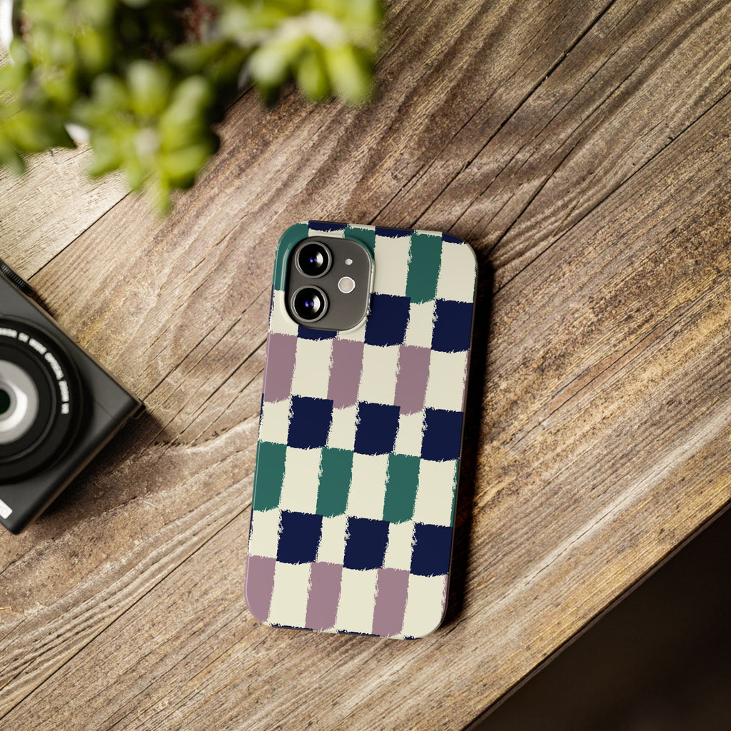 Painterly Check Slim Phone Case — Hand-Painted Navy, Teal & Lavender Grid