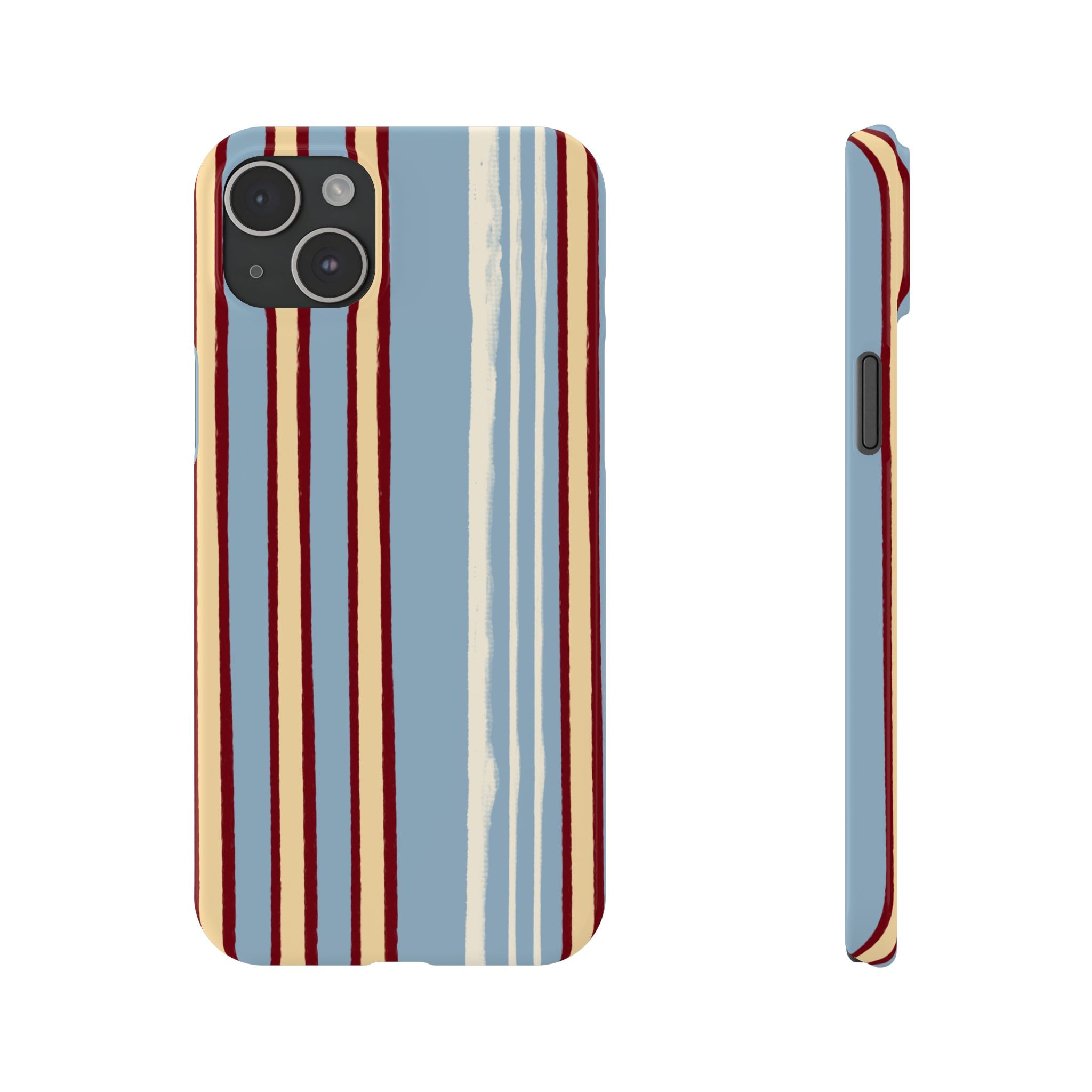 Retro Striped Slim Phone Case — Blue, Cream & Burgundy Vertical Lines