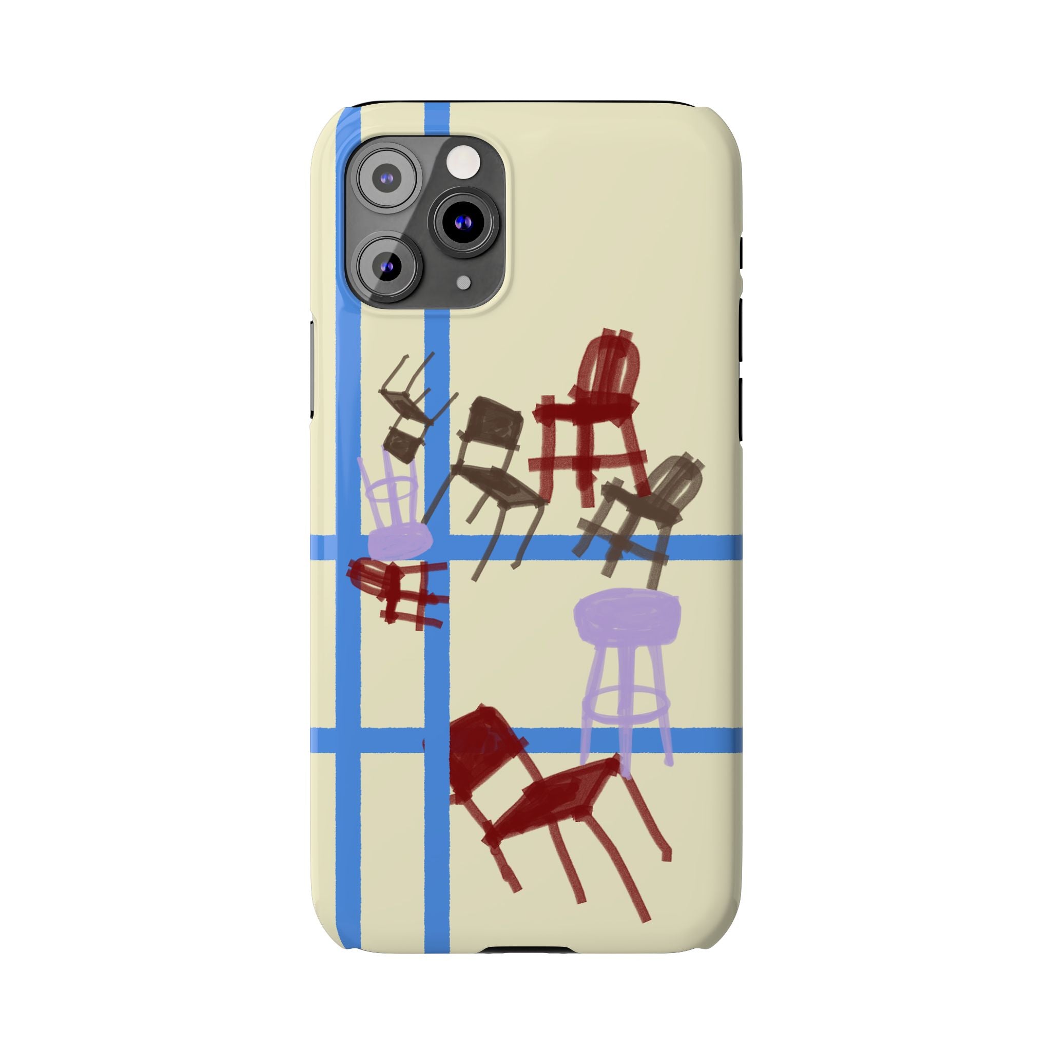 Slim Phone Case — Retro Chairs Pattern on Cream with Blue Grid Backroom-Inspired