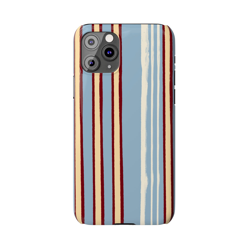 Retro Striped Slim Phone Case — Blue, Cream & Burgundy Vertical Lines