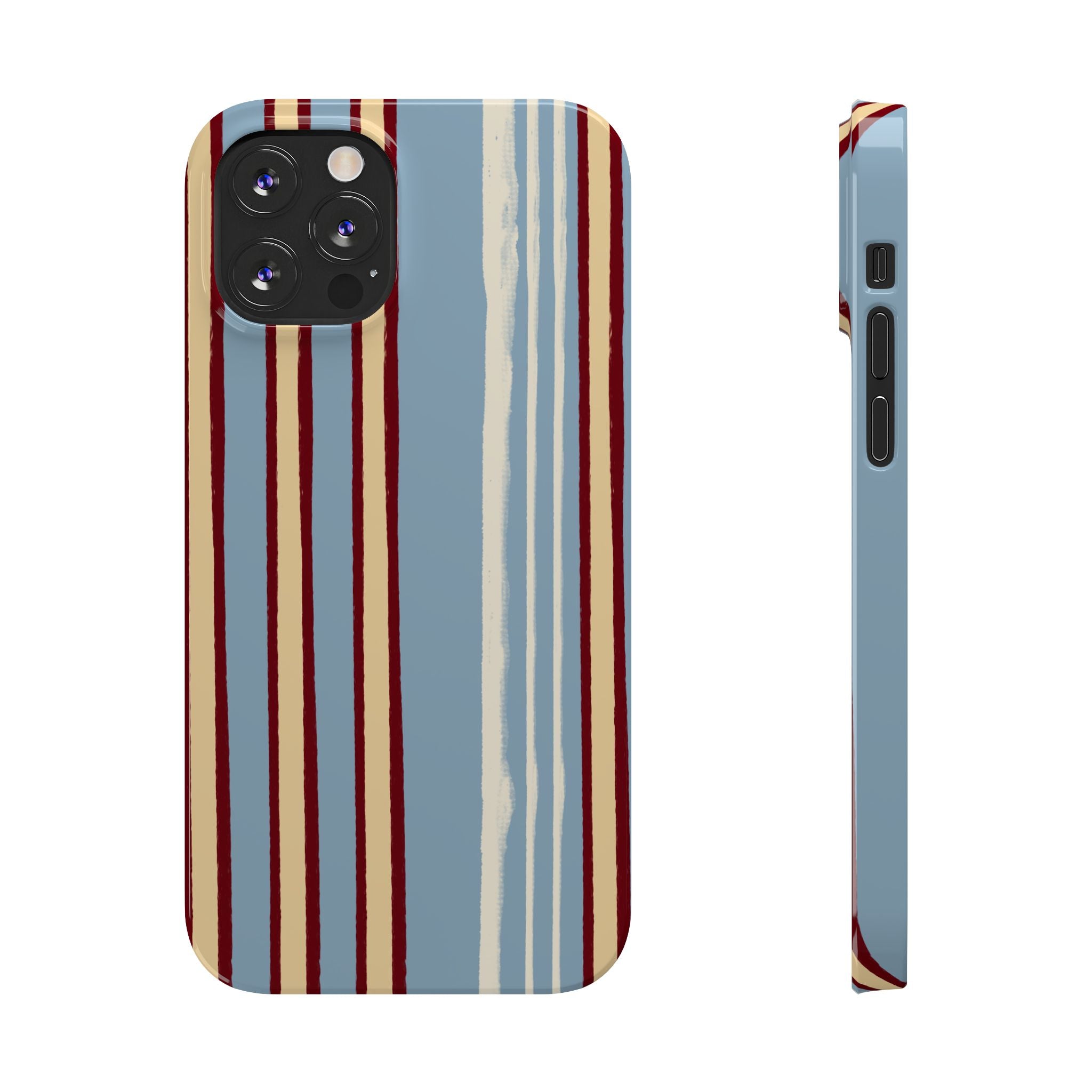 Retro Striped Slim Phone Case — Blue, Cream & Burgundy Vertical Lines