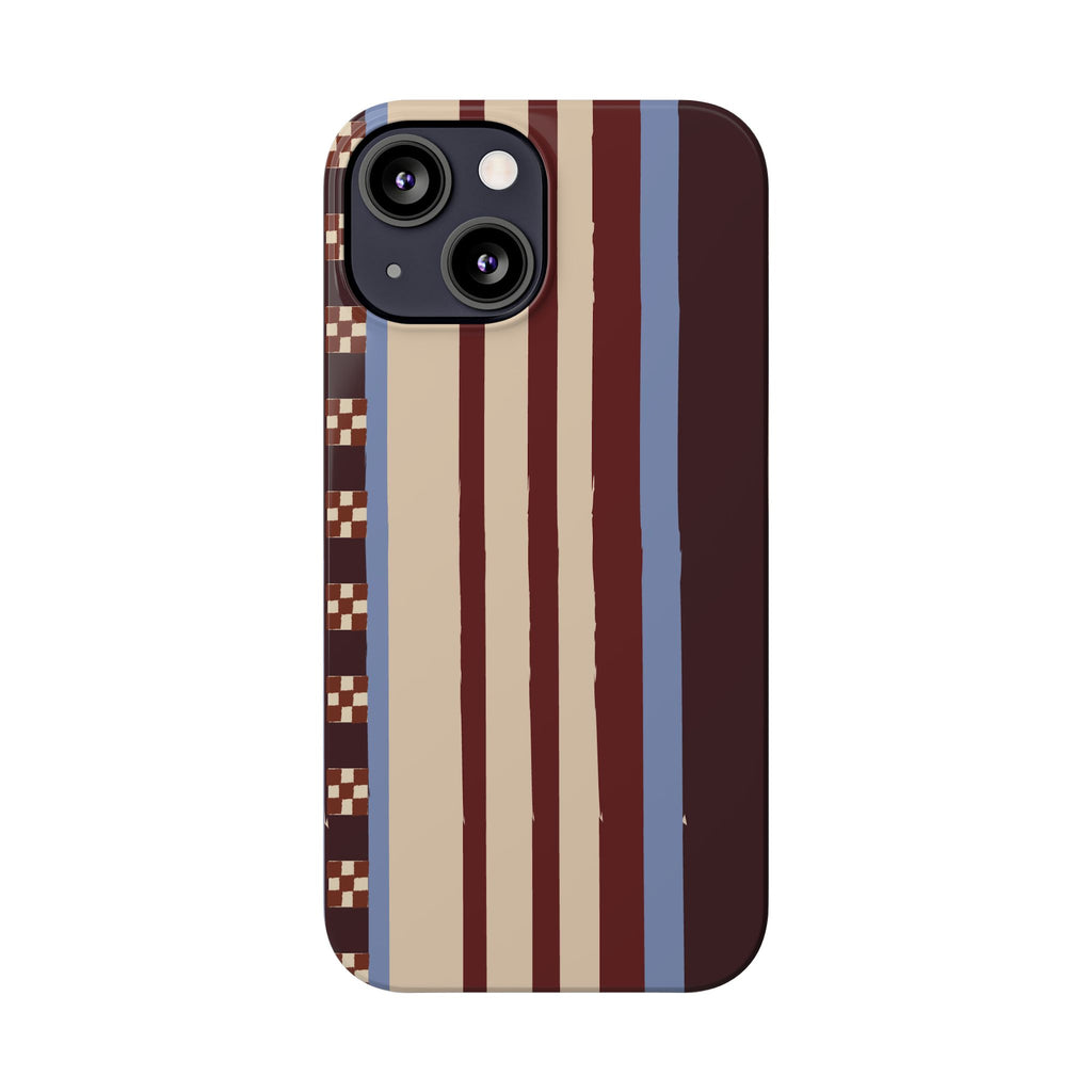 Slim Phone Case — Retro Striped Beige, Maroon & Blue Pattern