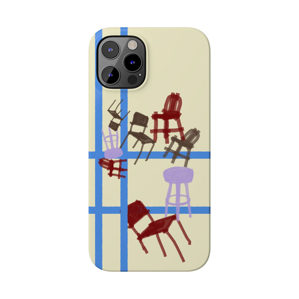 Slim Phone Case — Retro Chairs Pattern on Cream with Blue Grid Backroom-Inspired