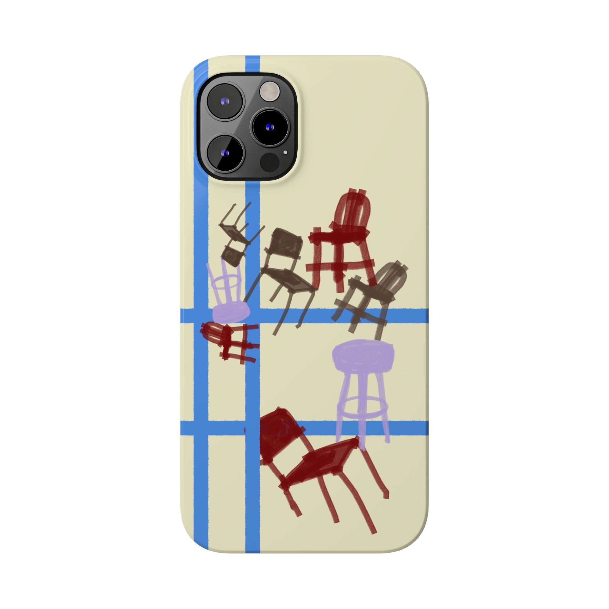 Slim Phone Case — Retro Chairs Pattern on Cream with Blue Grid Backroom-Inspired