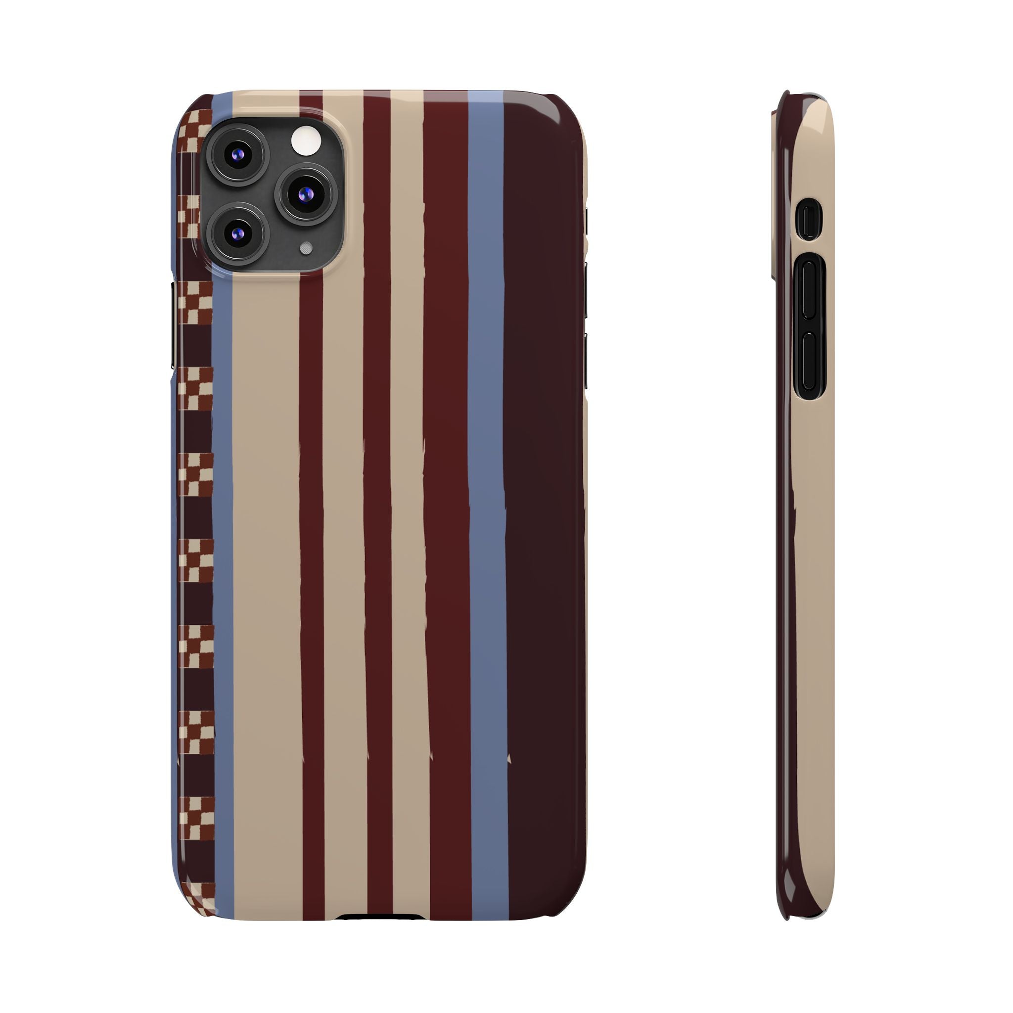 Slim Phone Case — Retro Striped Beige, Maroon & Blue Pattern