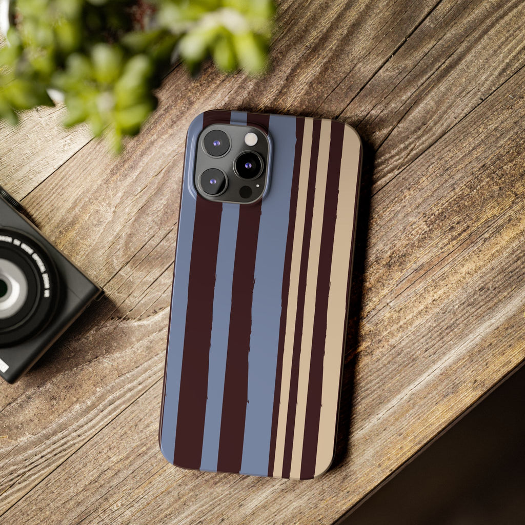 Retro Striped Slim Phone Case — Blue, Brown & Cream Vertical Stripes