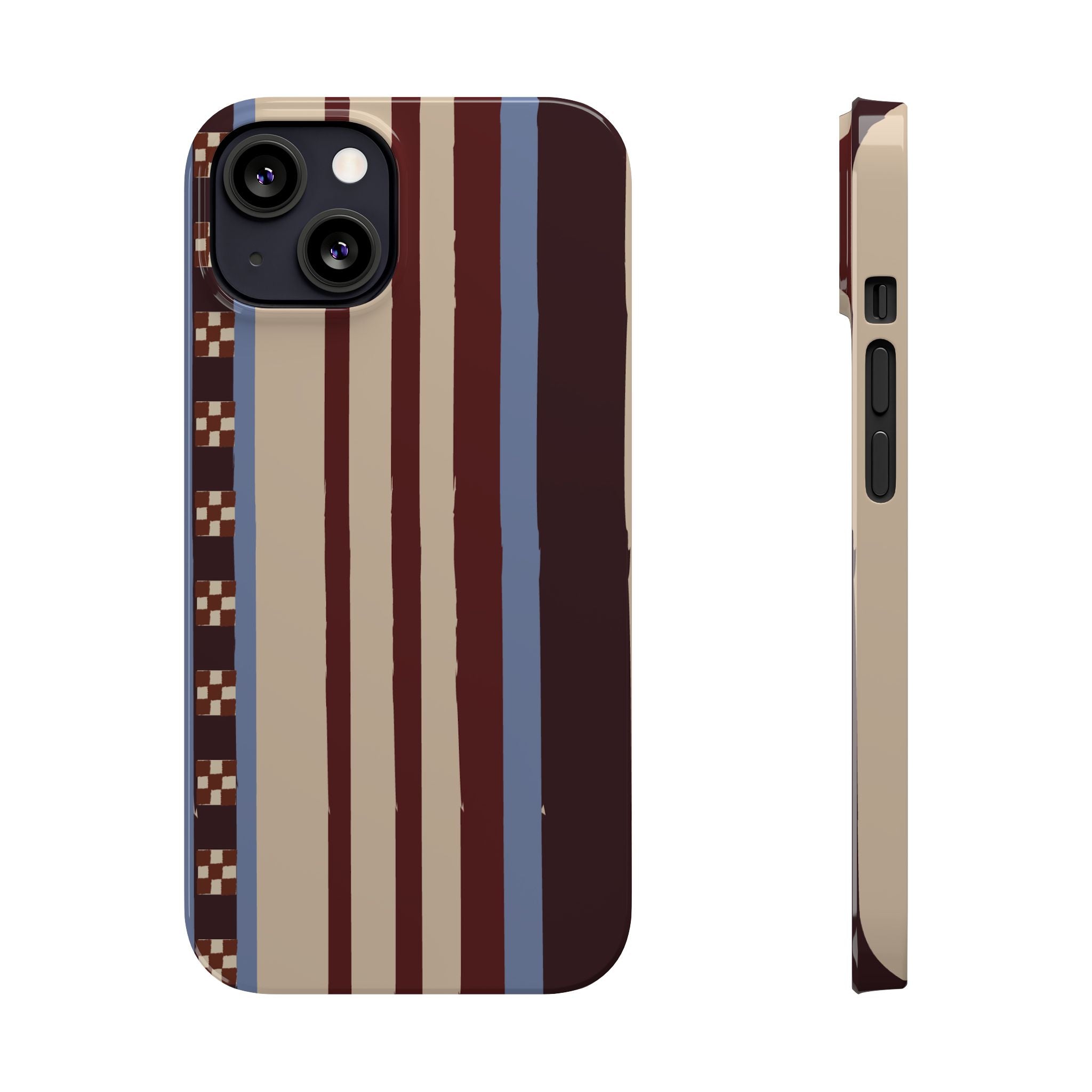 Slim Phone Case — Retro Striped Beige, Maroon & Blue Pattern