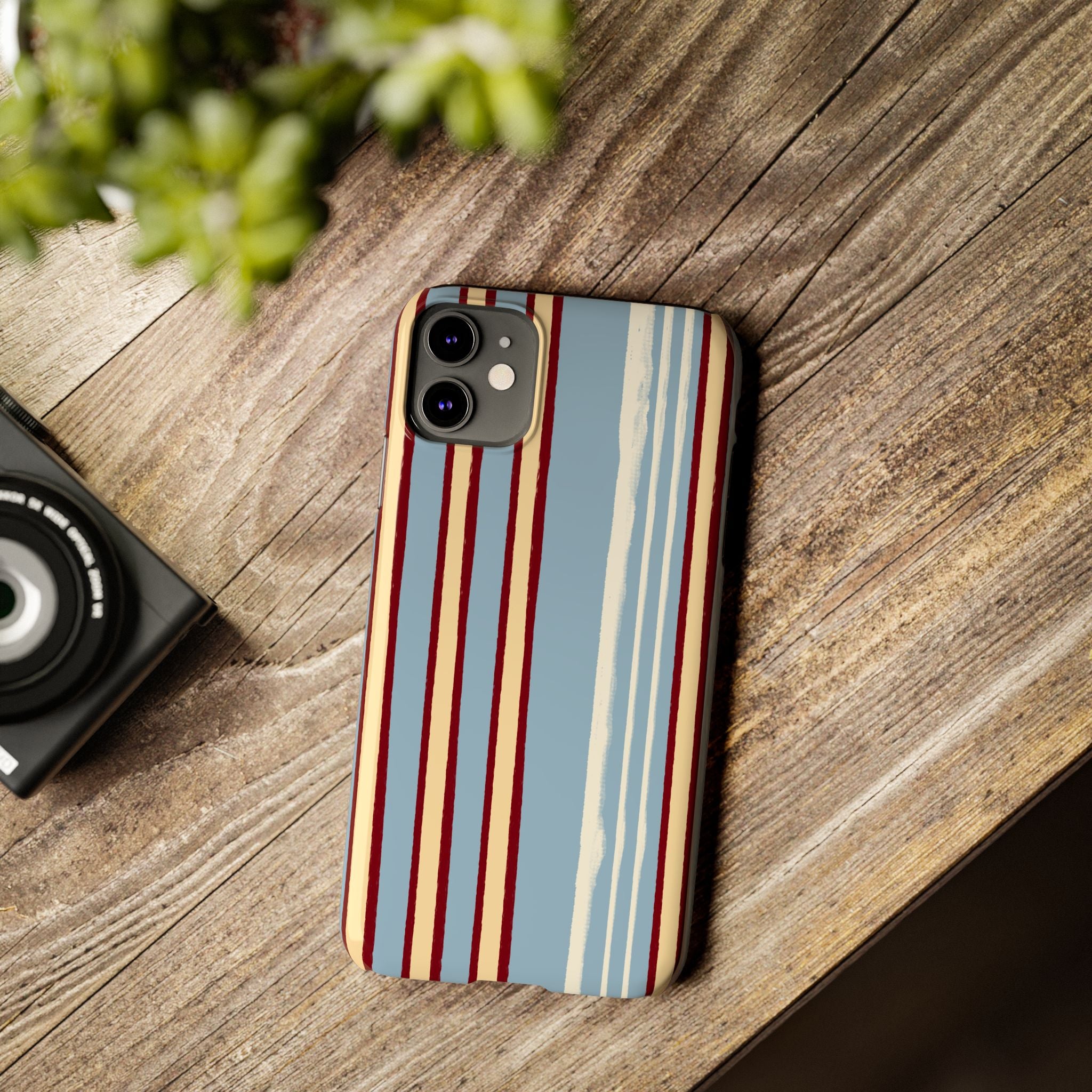 Retro Striped Slim Phone Case — Blue, Cream & Burgundy Vertical Lines