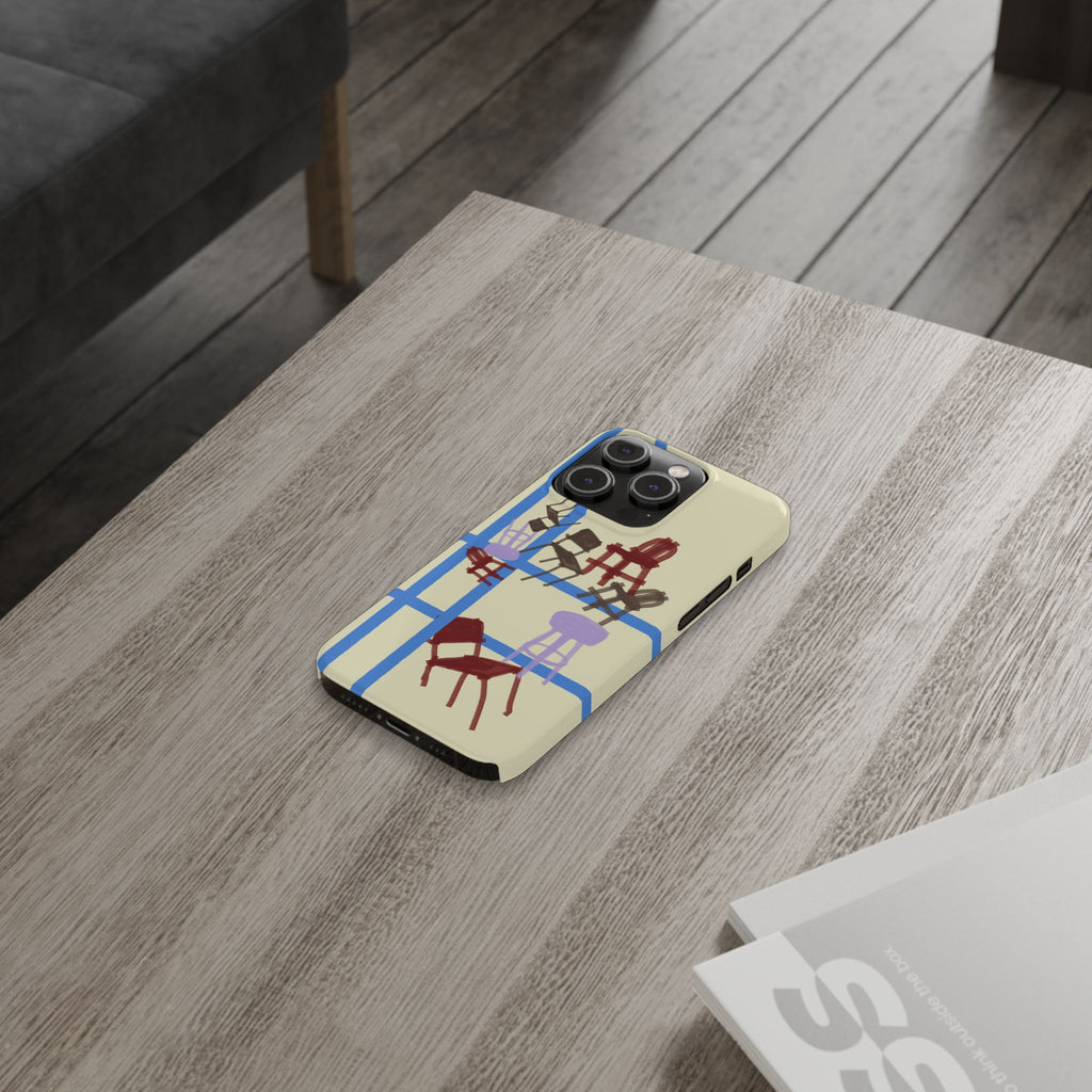 Slim Phone Case — Retro Chairs Pattern on Cream with Blue Grid Backroom-Inspired