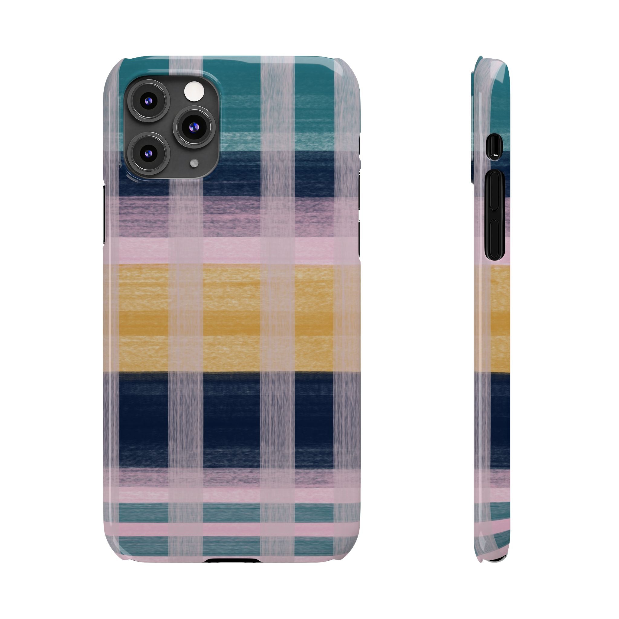 Plaid Brushstroke Slim Phone Case — Pastel Teal, Pink & Yellow Protective Cover SATC Inspired