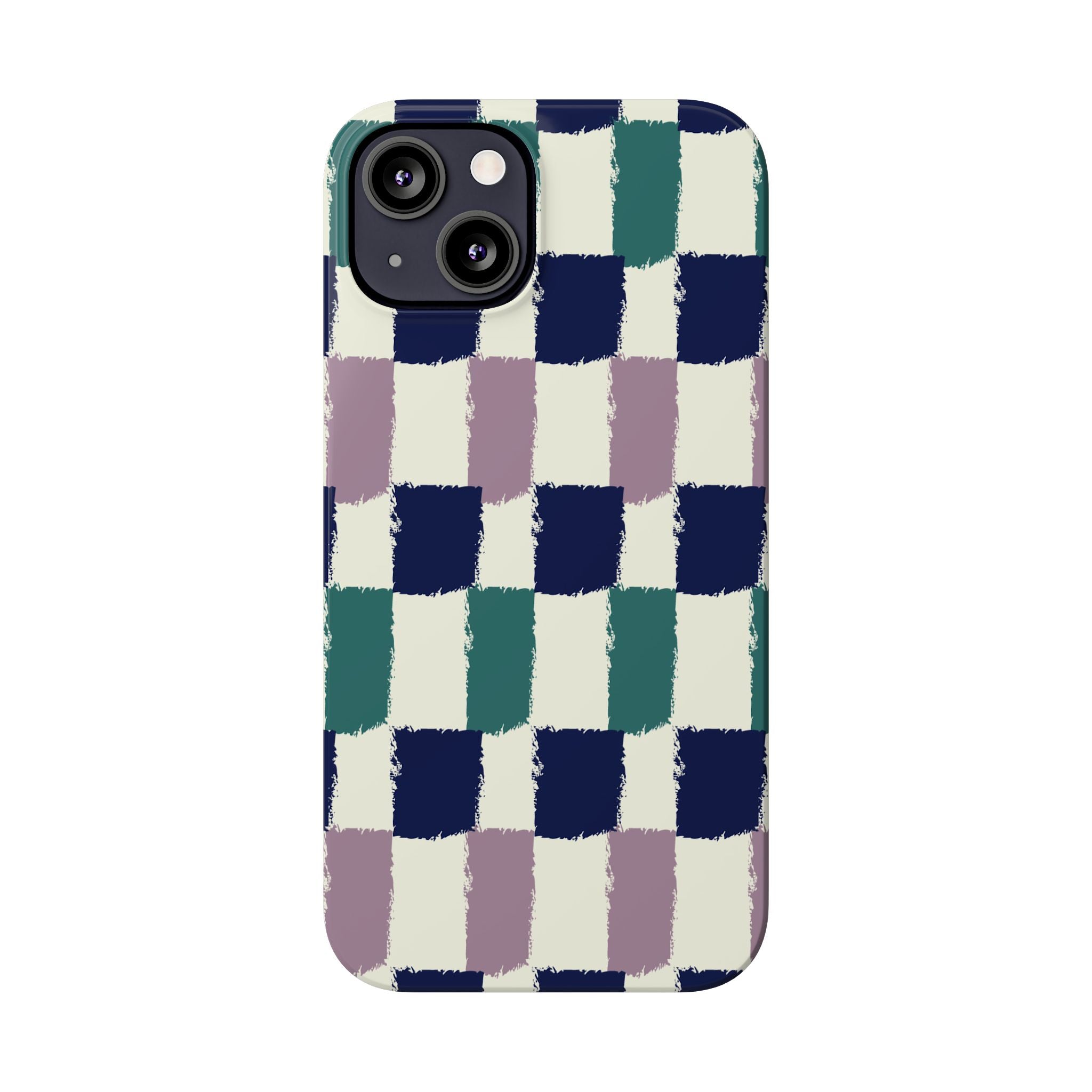 Painterly Check Slim Phone Case — Hand-Painted Navy, Teal & Lavender Grid