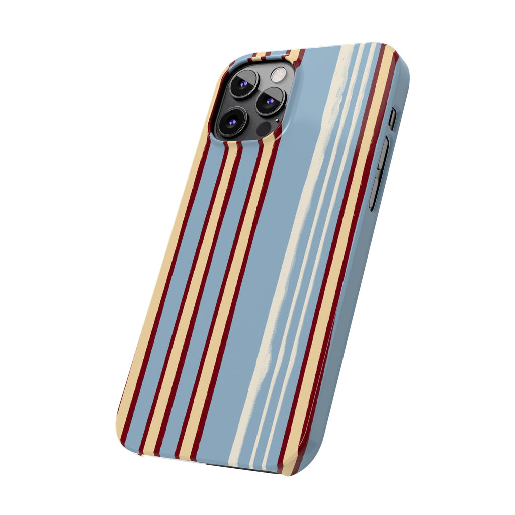Retro Striped Slim Phone Case — Blue, Cream & Burgundy Vertical Lines