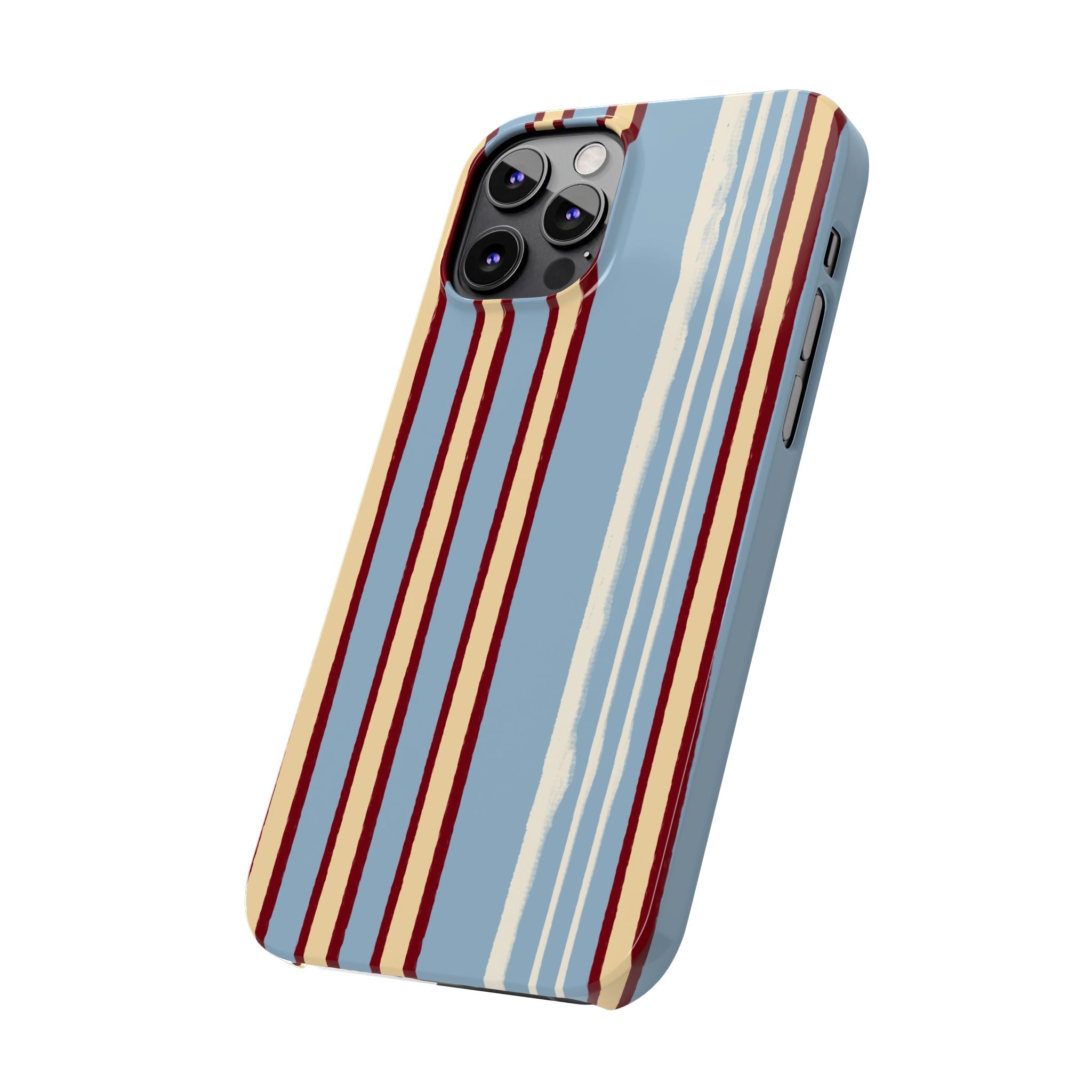 Retro Striped Slim Phone Case — Blue, Cream & Burgundy Vertical Lines