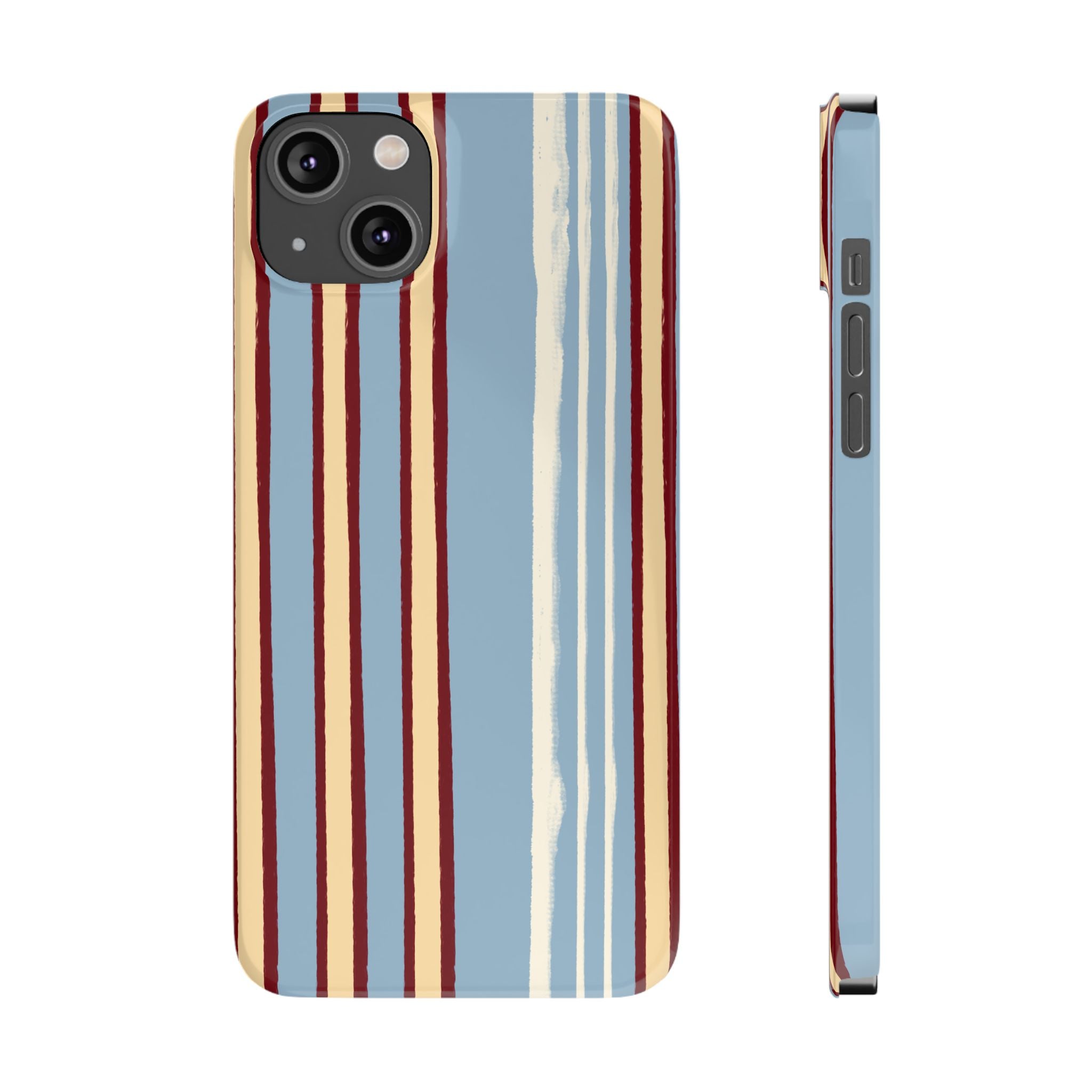 Retro Striped Slim Phone Case — Blue, Cream & Burgundy Vertical Lines