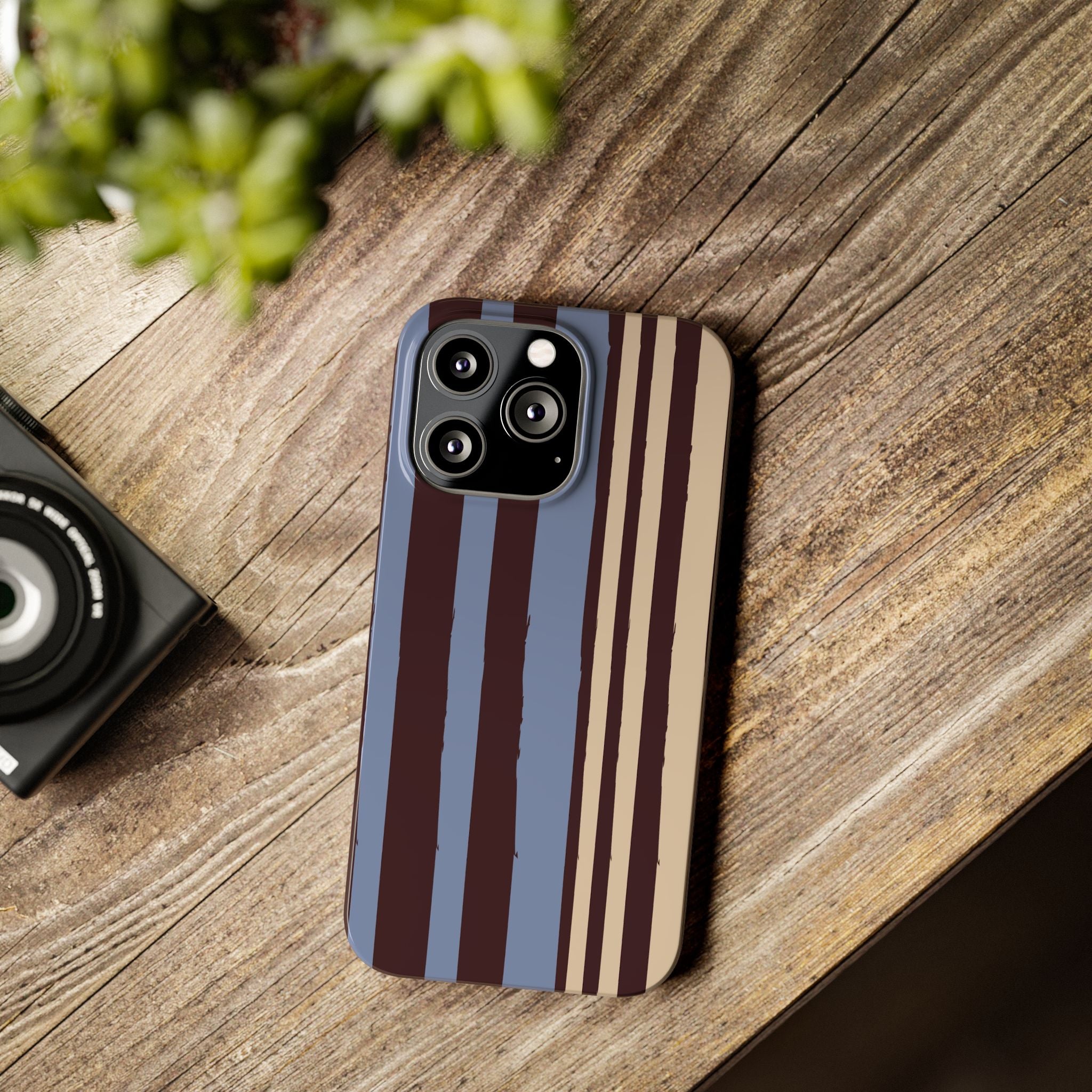 Retro Striped Slim Phone Case — Blue, Brown & Cream Vertical Stripes