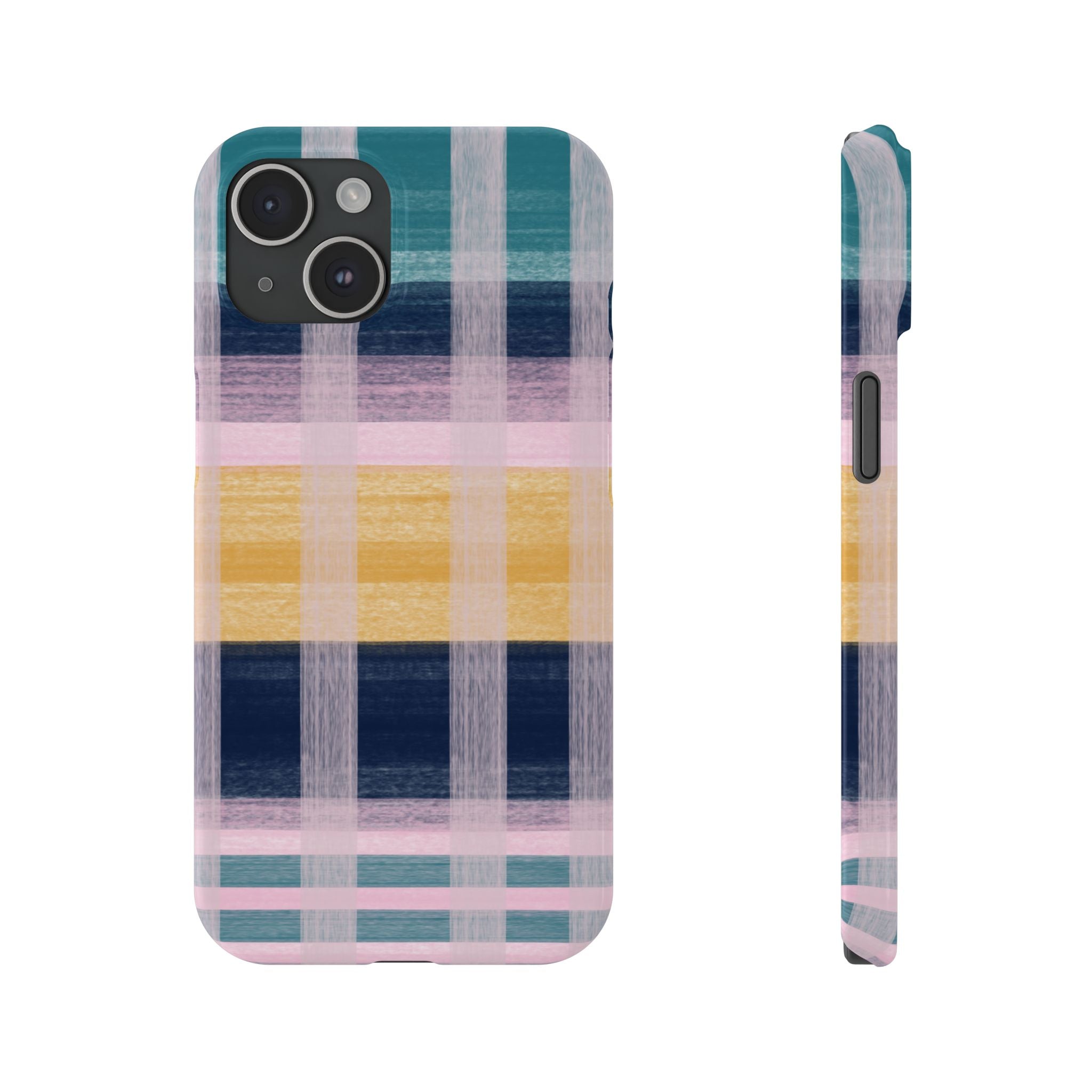 Plaid Brushstroke Slim Phone Case — Pastel Teal, Pink & Yellow Protective Cover SATC Inspired