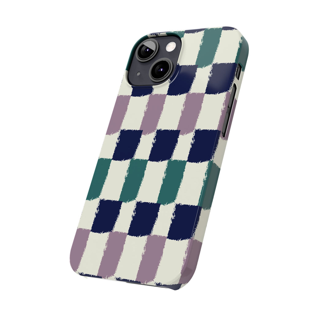 Painterly Check Slim Phone Case — Hand-Painted Navy, Teal & Lavender Grid