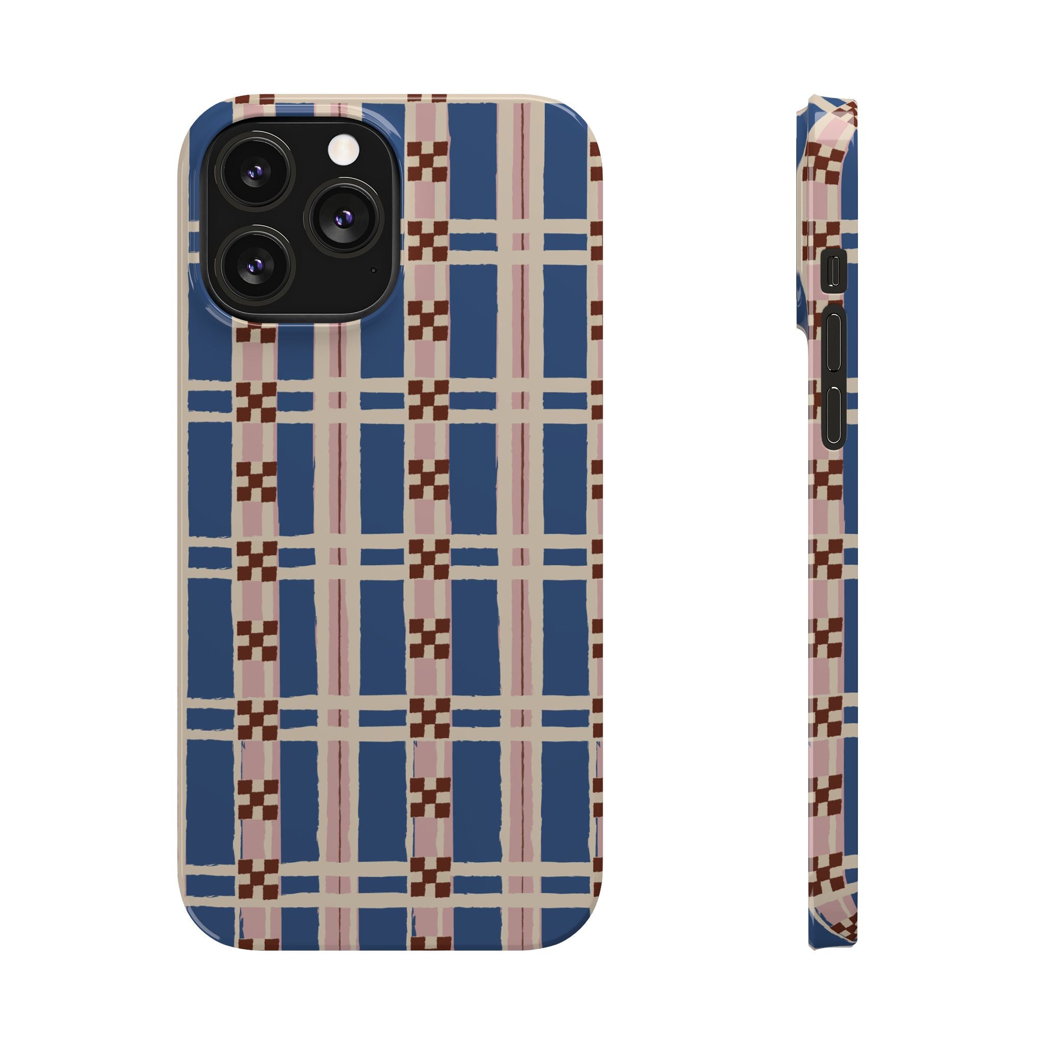 Slim Phone Case — Blue & Pink Retro Plaid Pattern