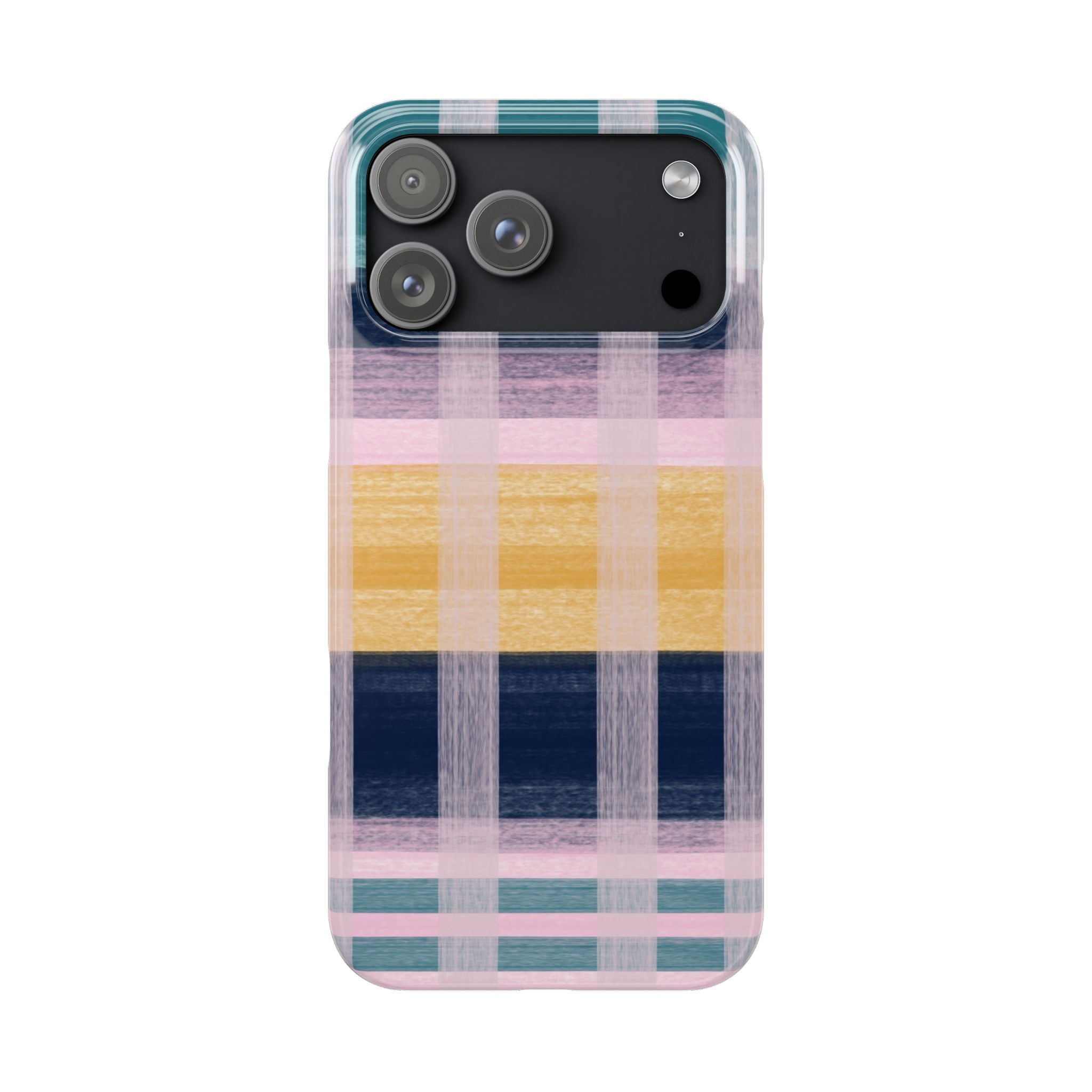 Plaid Brushstroke Slim Phone Case — Pastel Teal, Pink & Yellow Protective Cover SATC Inspired