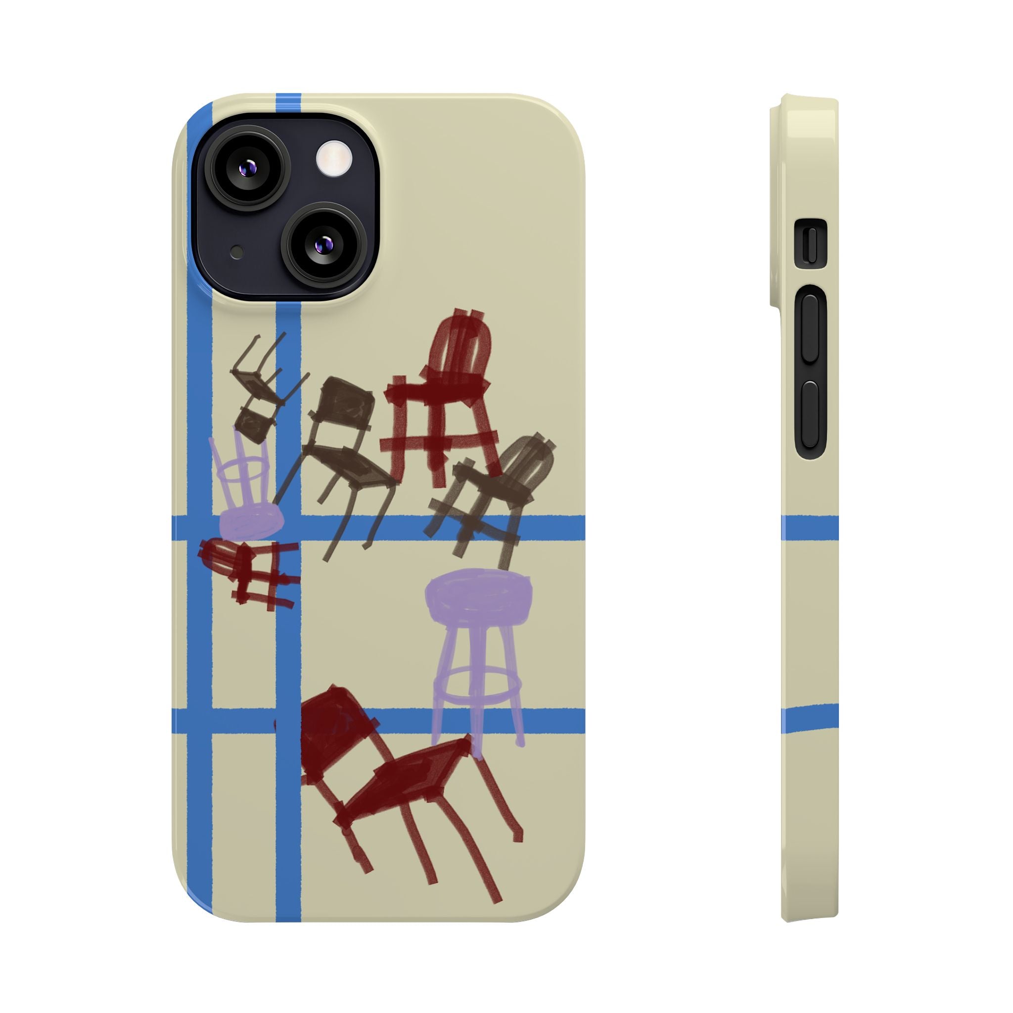 Slim Phone Case — Retro Chairs Pattern on Cream with Blue Grid Backroom-Inspired