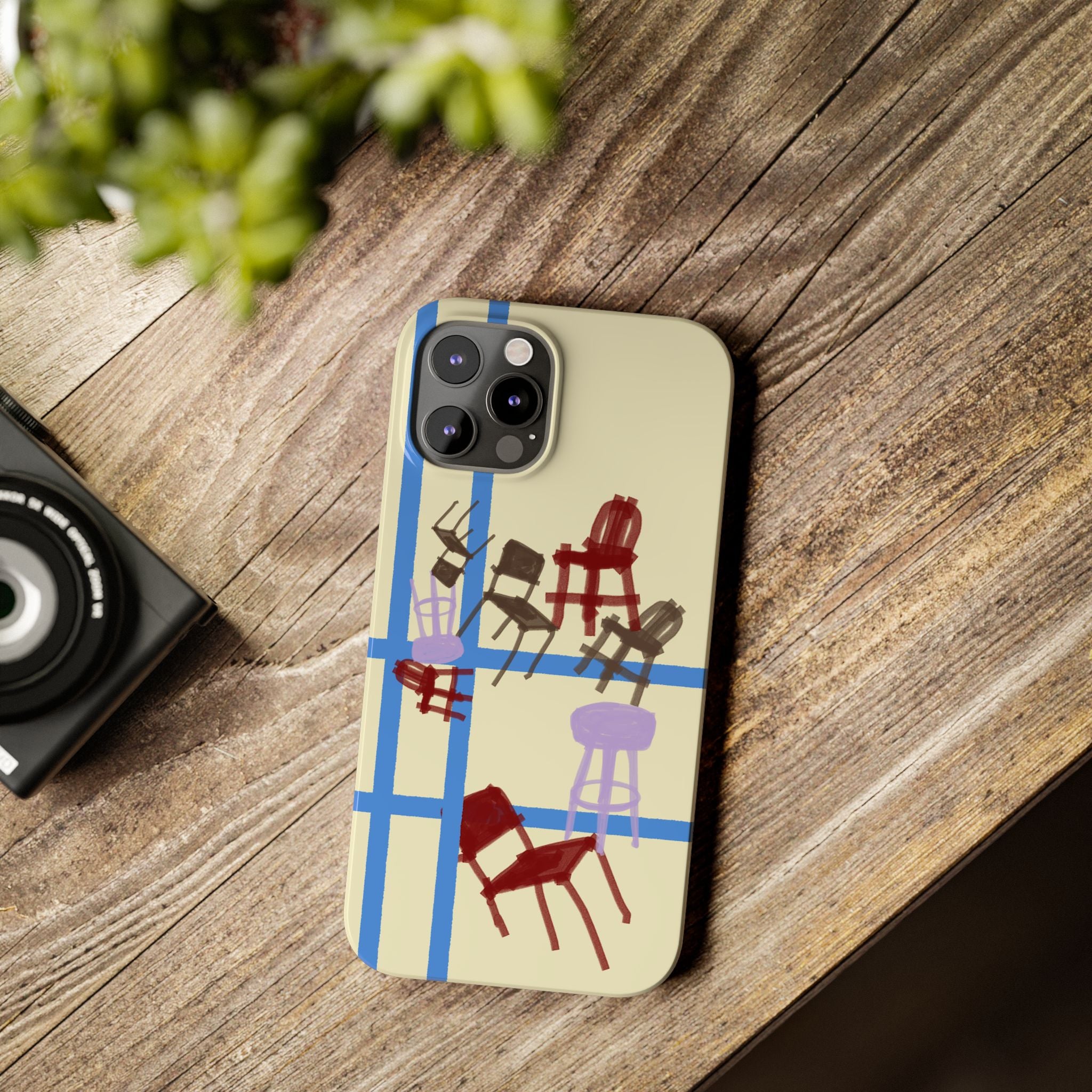 Slim Phone Case — Retro Chairs Pattern on Cream with Blue Grid Backroom-Inspired