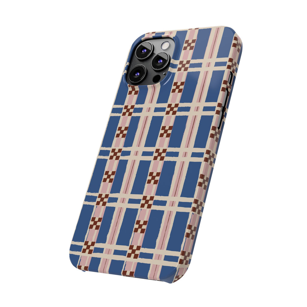 Slim Phone Case — Blue & Pink Retro Plaid Pattern