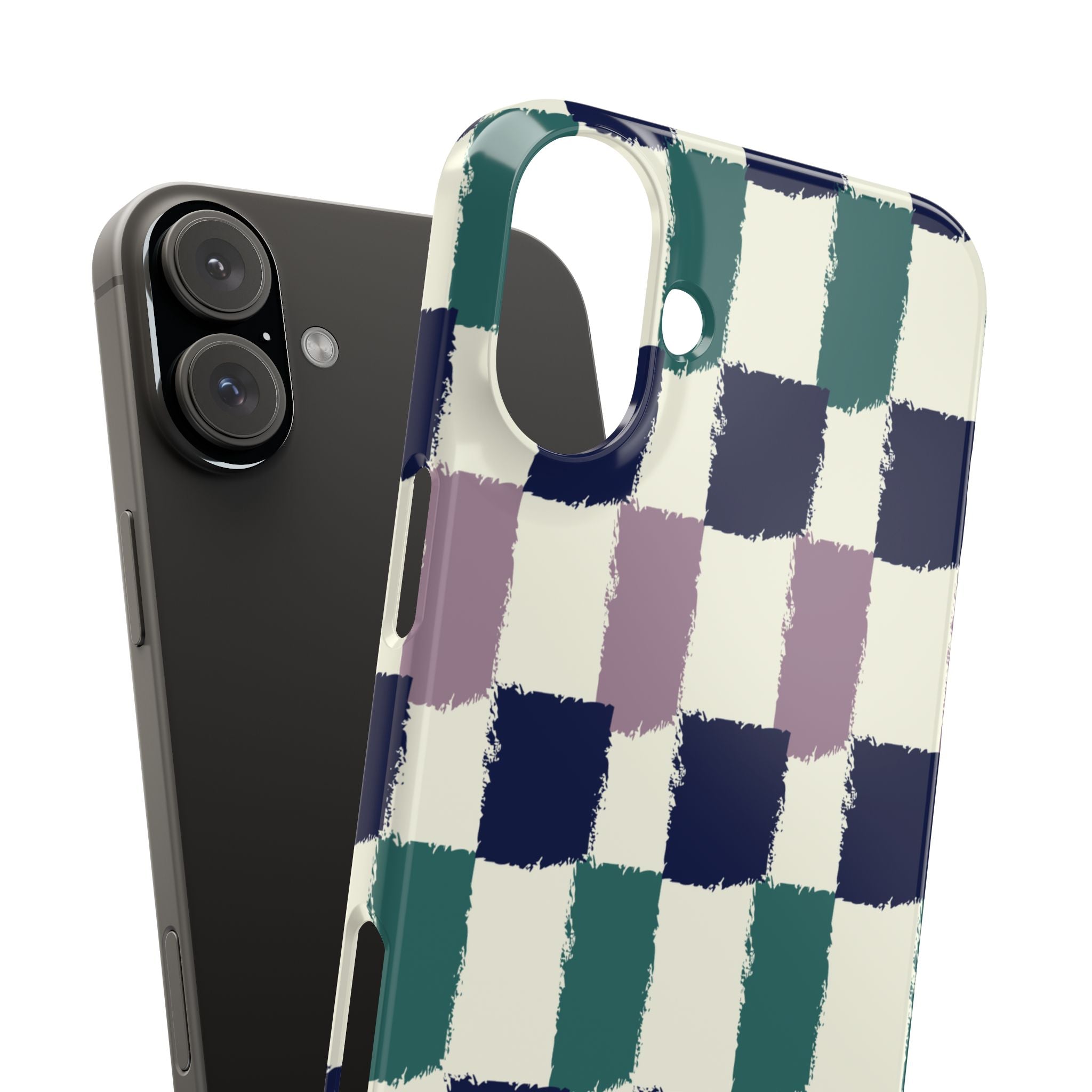 Painterly Check Slim Phone Case — Hand-Painted Navy, Teal & Lavender Grid