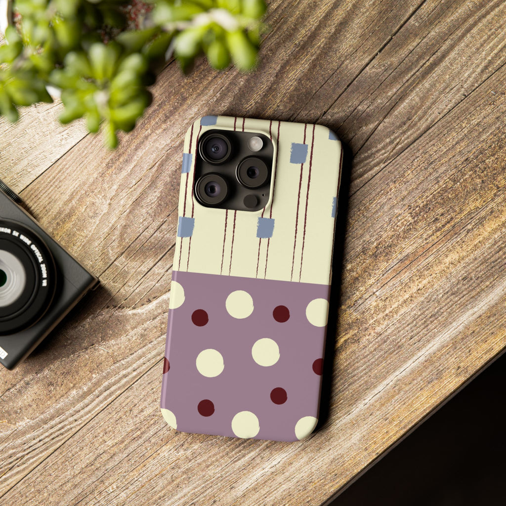 Slim Phone Case — Retro Polka Dot & Stripes Design, Lavender Plum