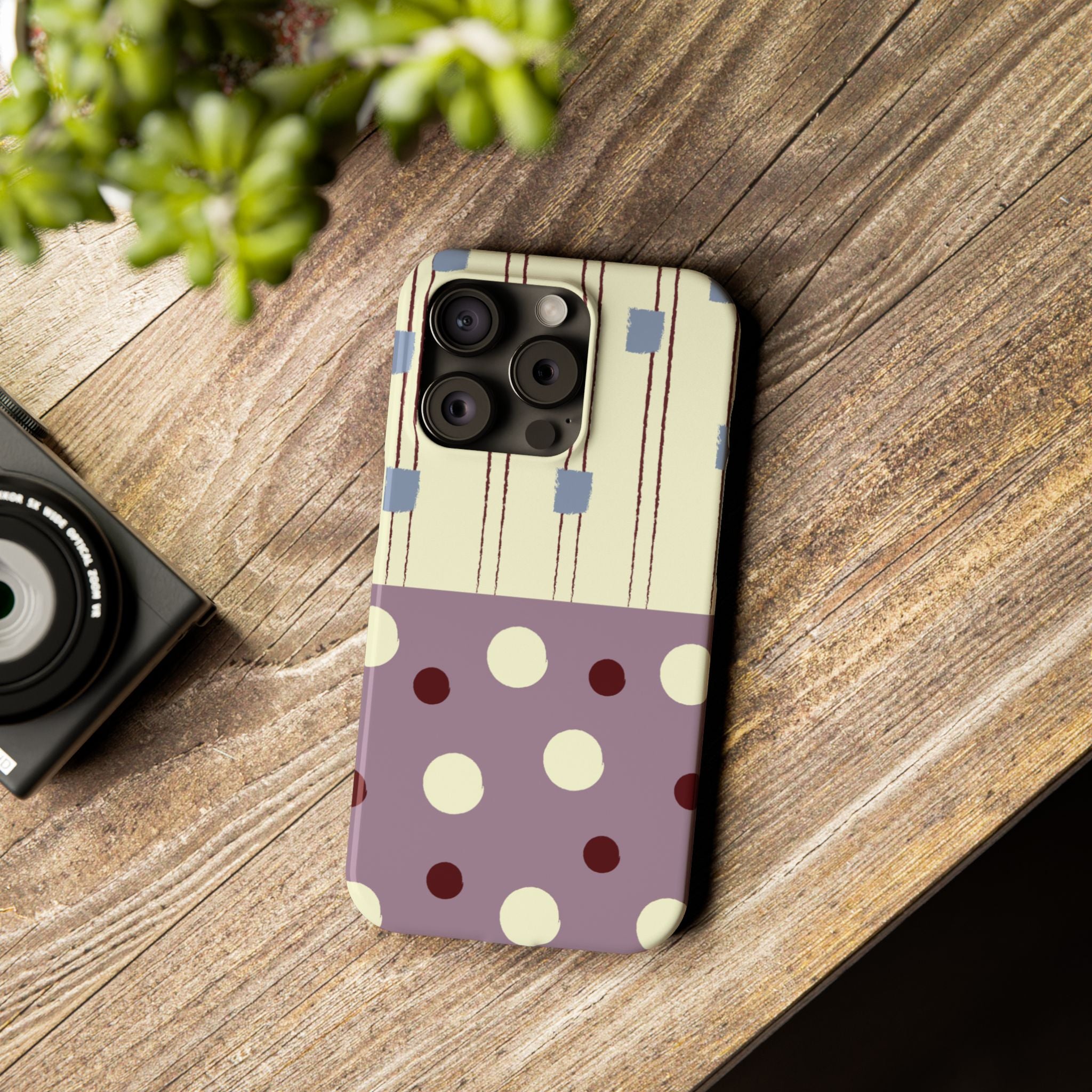 Slim Phone Case — Retro Polka Dot & Stripes Design, Lavender Plum