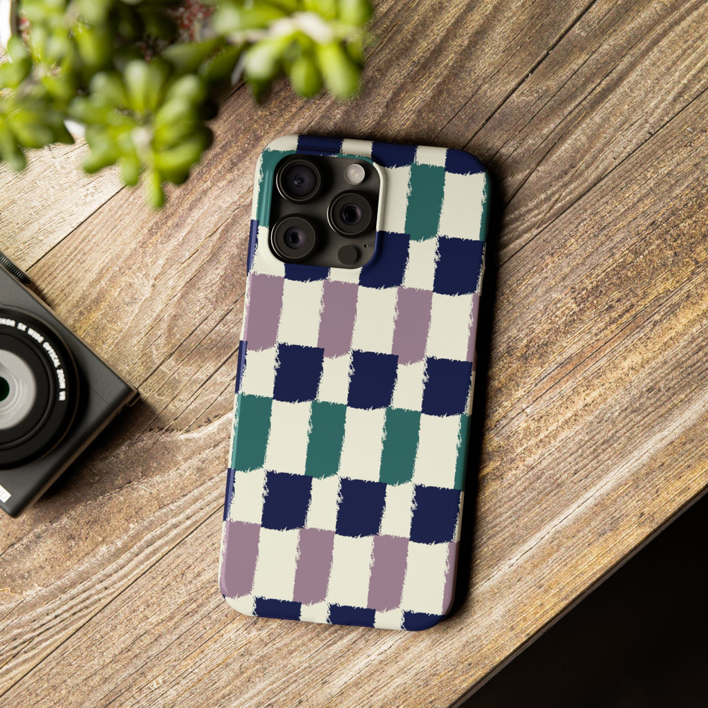 Painterly Check Slim Phone Case — Hand-Painted Navy, Teal & Lavender Grid