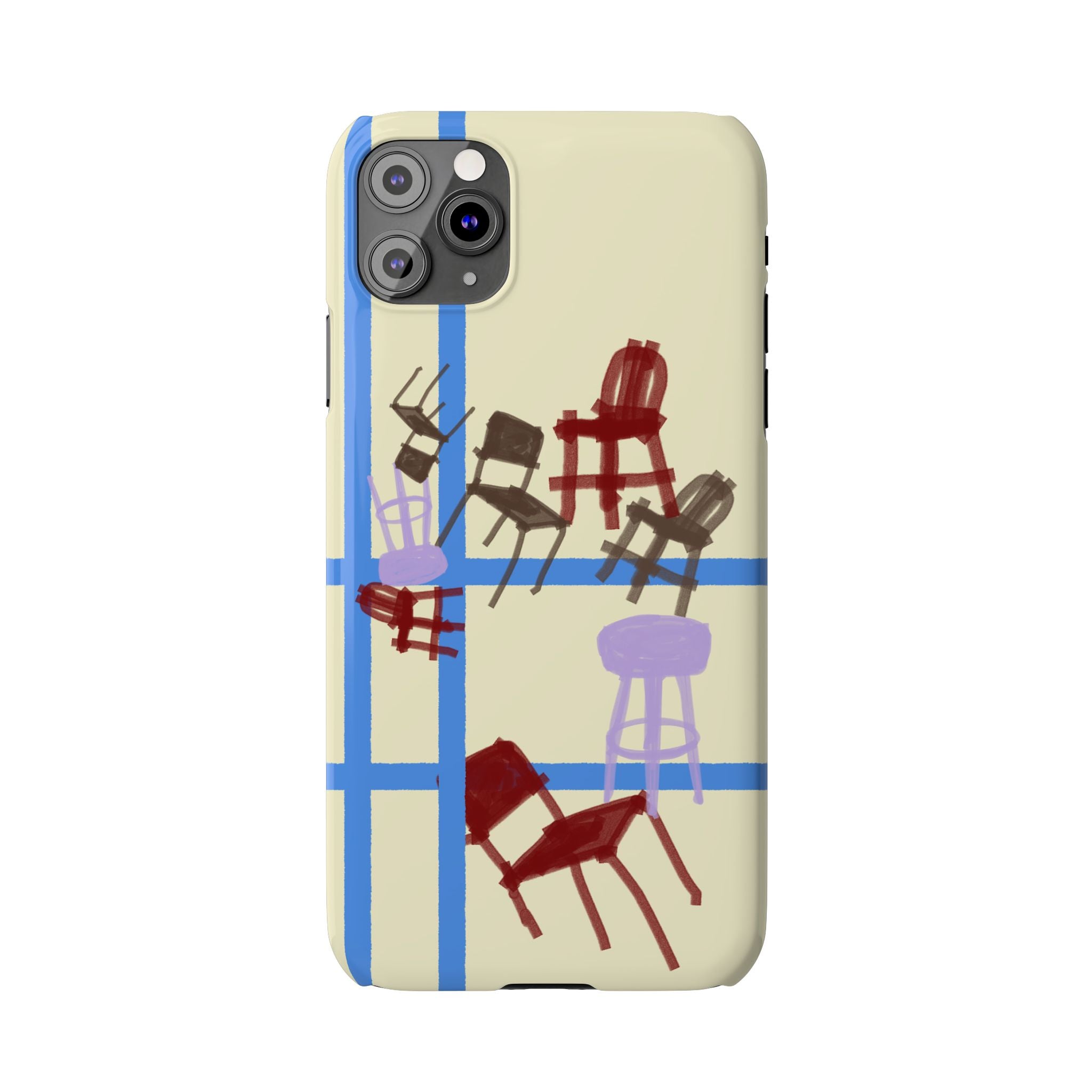 Slim Phone Case — Retro Chairs Pattern on Cream with Blue Grid Backroom-Inspired
