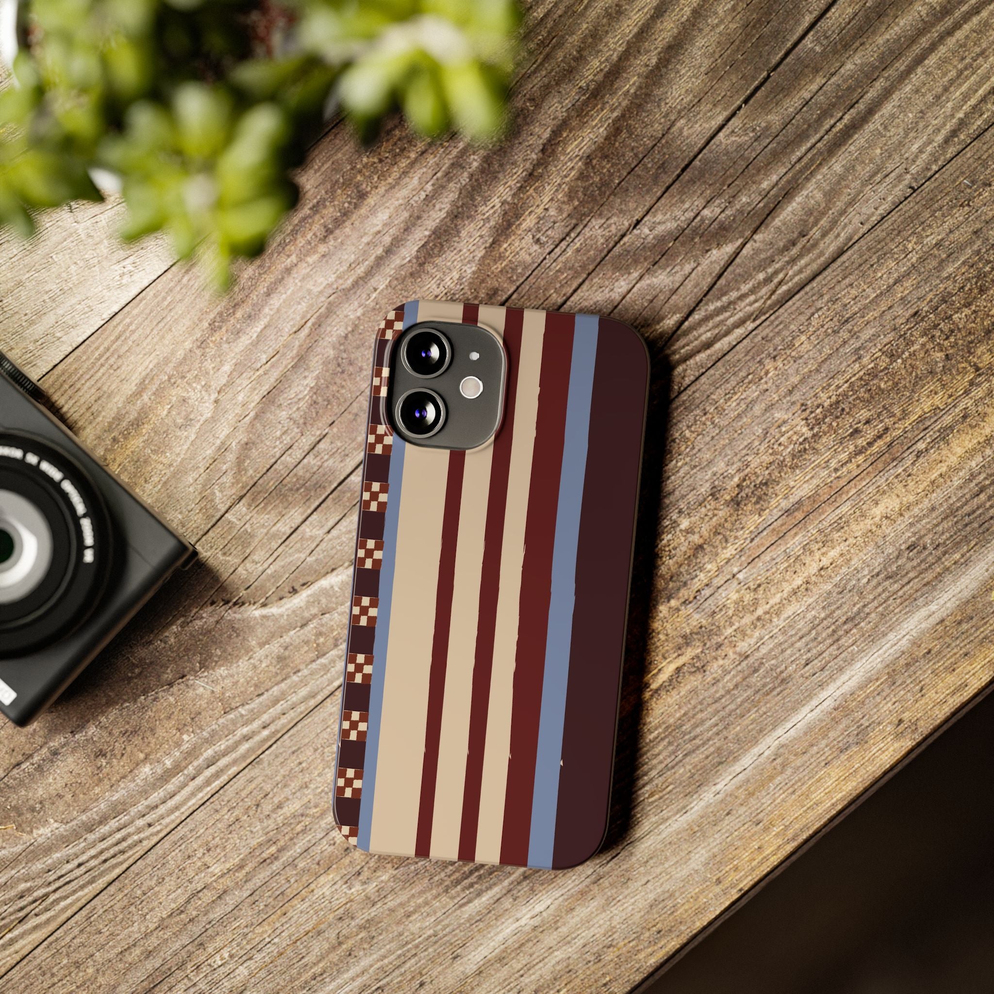 Slim Phone Case — Retro Striped Beige, Maroon & Blue Pattern