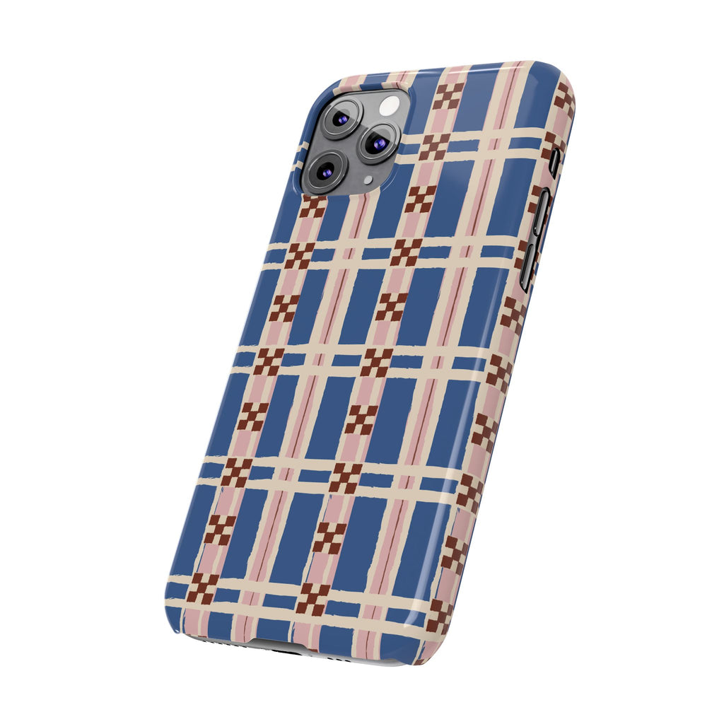 Slim Phone Case — Blue & Pink Retro Plaid Pattern