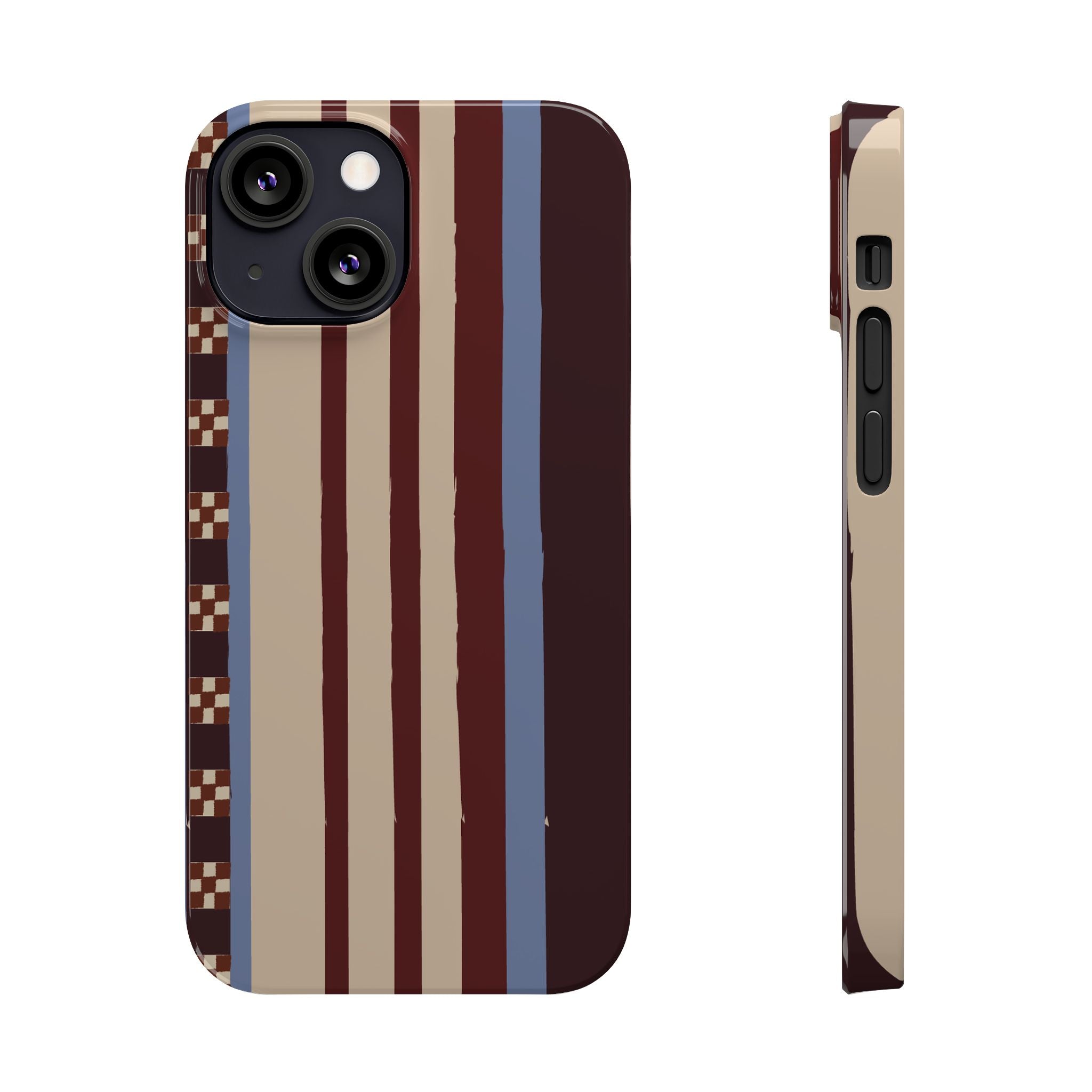 Slim Phone Case — Retro Striped Beige, Maroon & Blue Pattern