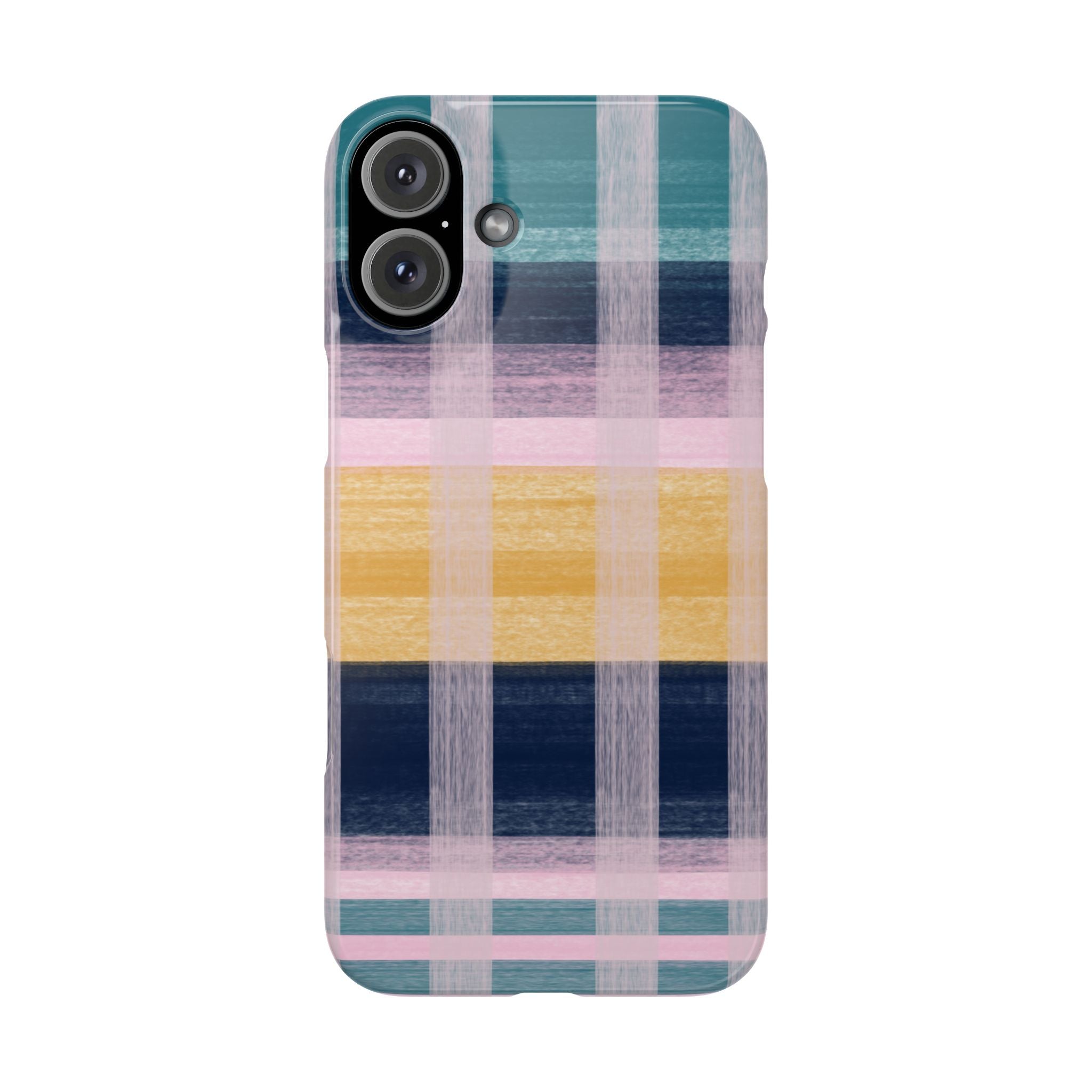Plaid Brushstroke Slim Phone Case — Pastel Teal, Pink & Yellow Protective Cover SATC Inspired