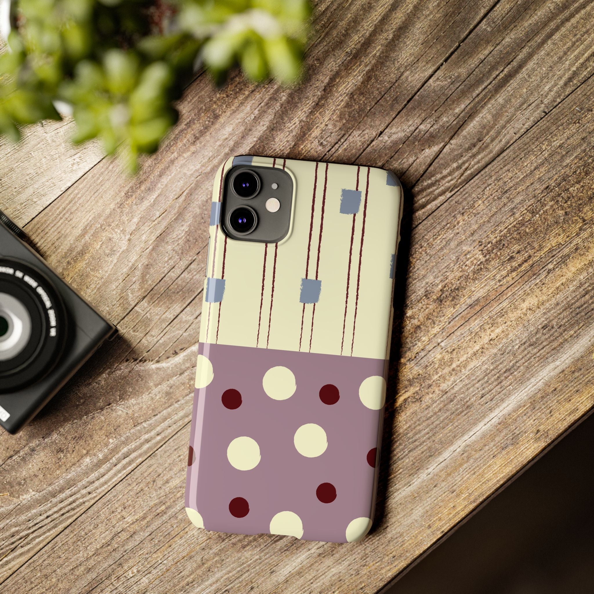 Slim Phone Case — Retro Polka Dot & Stripes Design, Lavender Plum