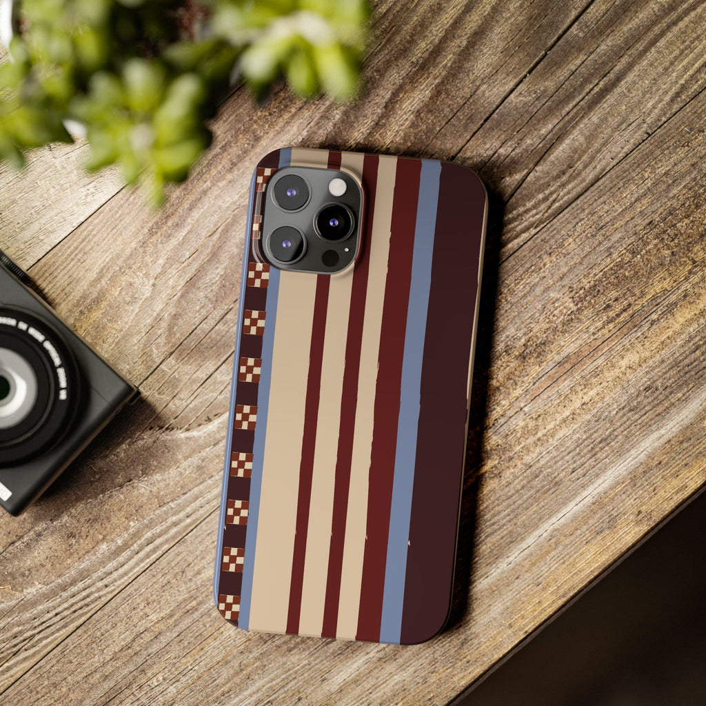 Slim Phone Case — Retro Striped Beige, Maroon & Blue Pattern
