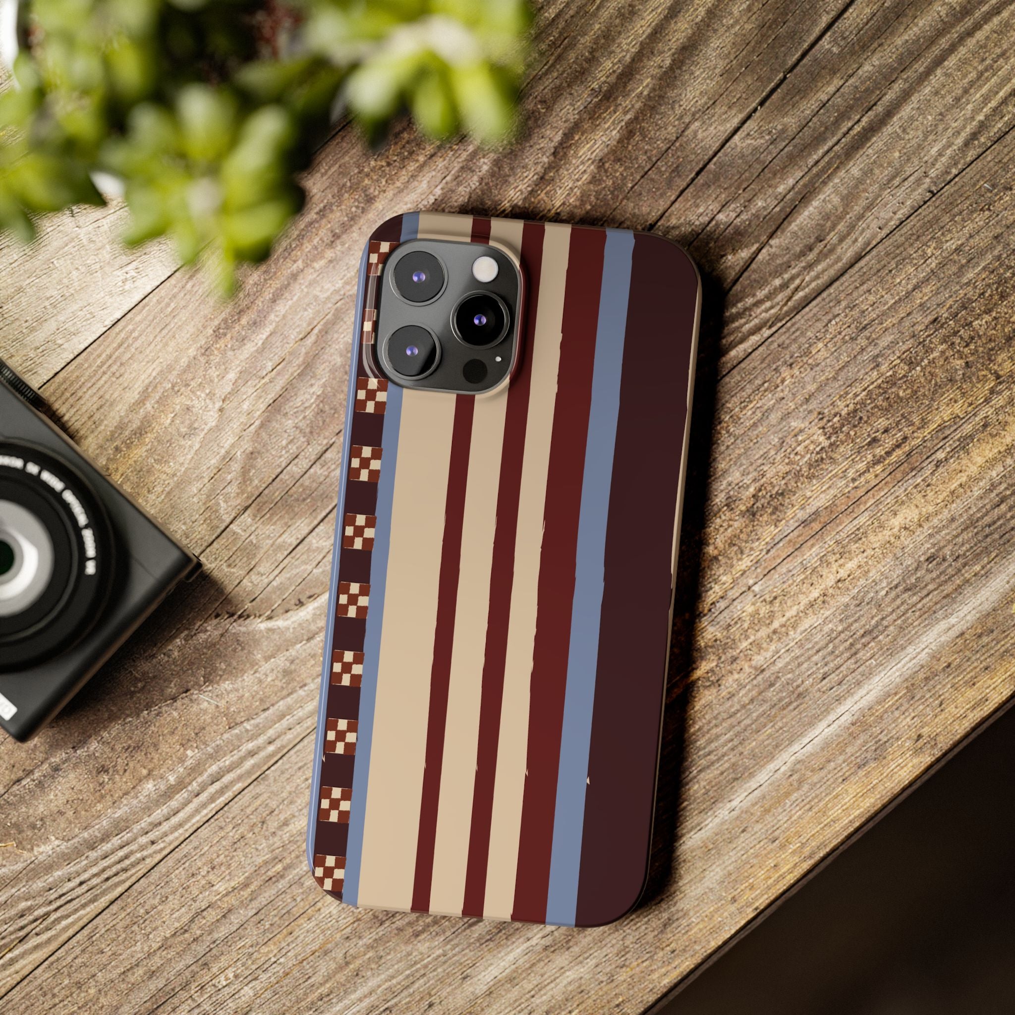 Slim Phone Case — Retro Striped Beige, Maroon & Blue Pattern