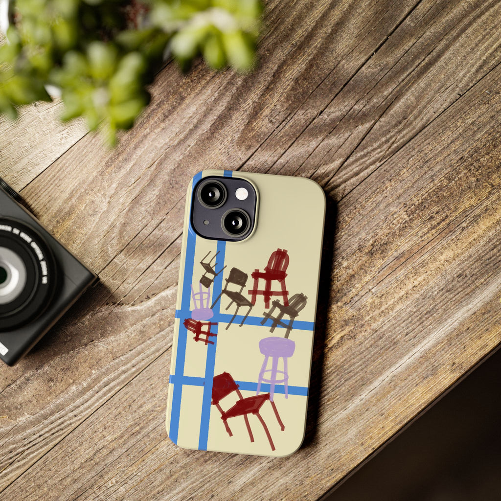 Slim Phone Case — Retro Chairs Pattern on Cream with Blue Grid Backroom-Inspired