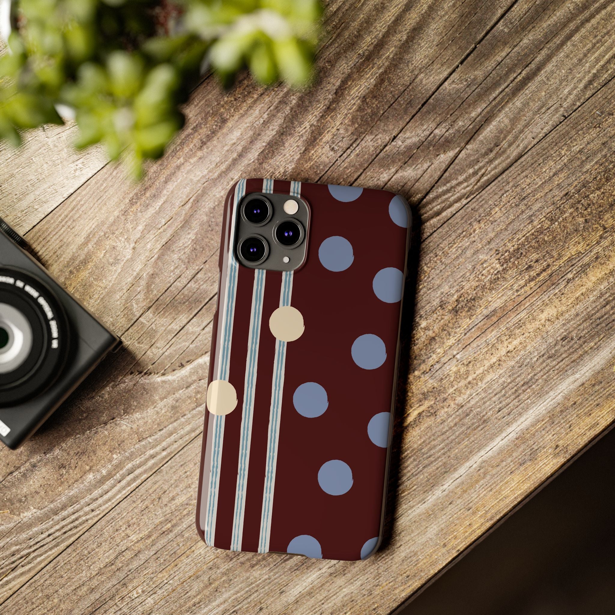Polka Dot & Stripe Slim Phone Case — Burgundy Blue Retro Pattern
