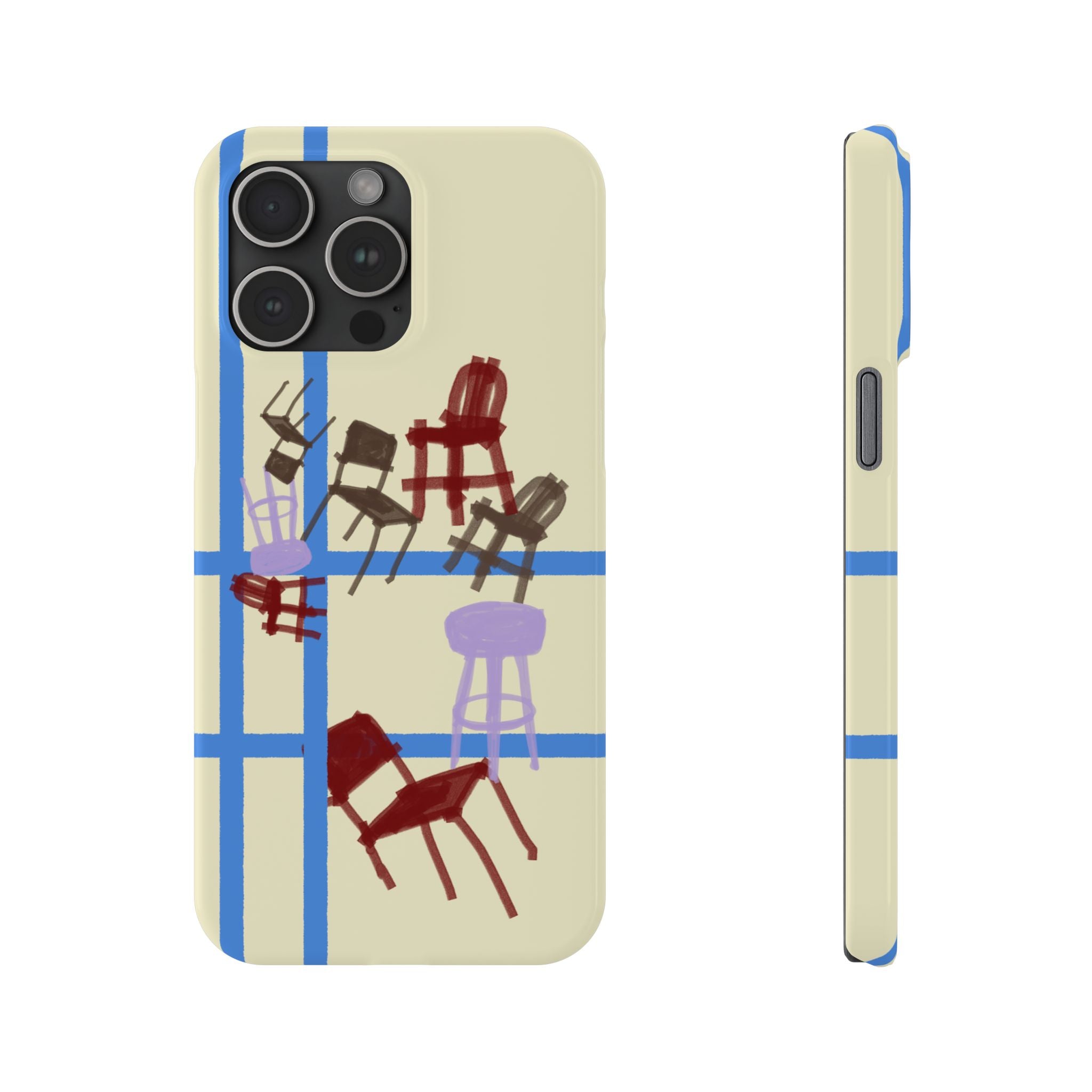 Slim Phone Case — Retro Chairs Pattern on Cream with Blue Grid Backroom-Inspired