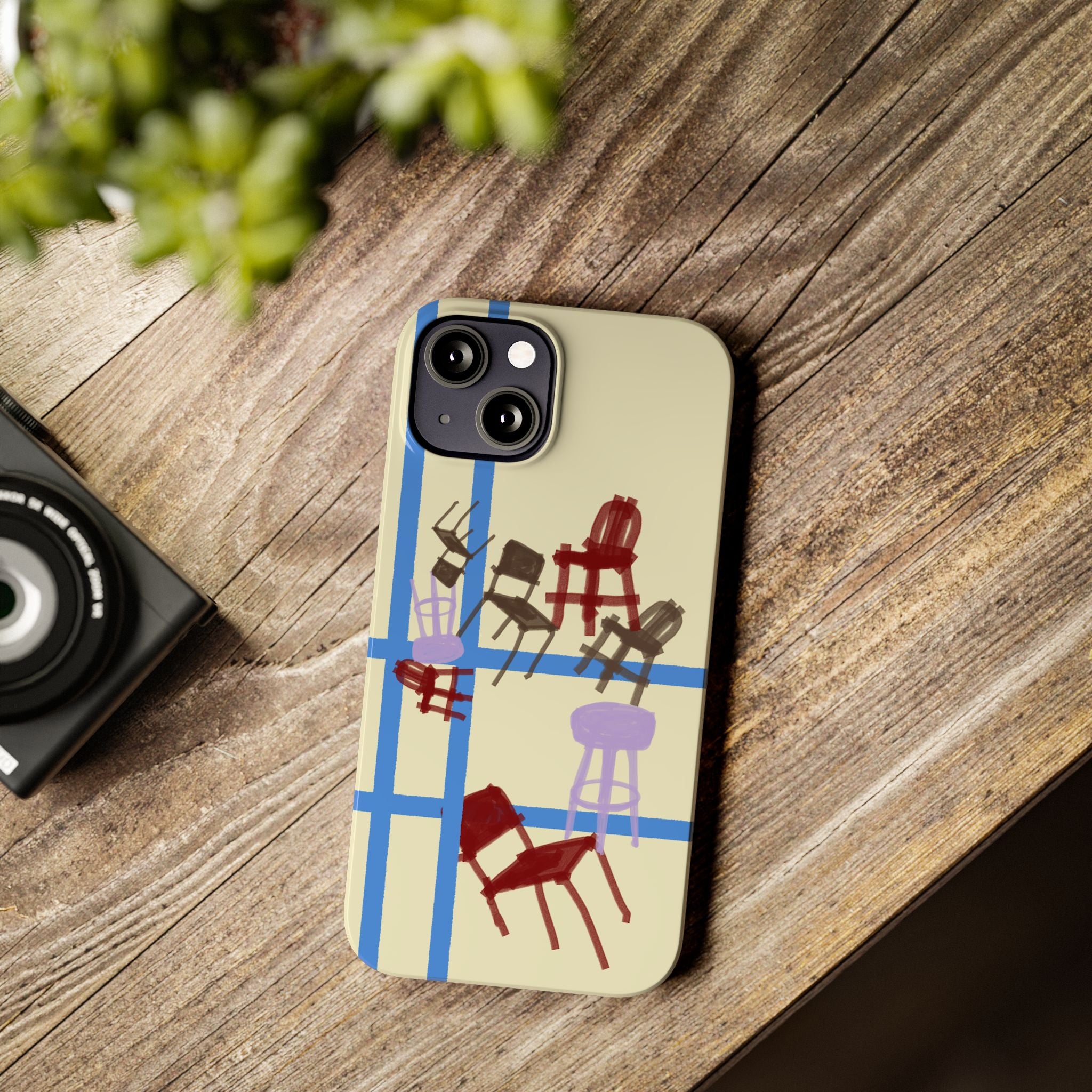 Slim Phone Case — Retro Chairs Pattern on Cream with Blue Grid Backroom-Inspired