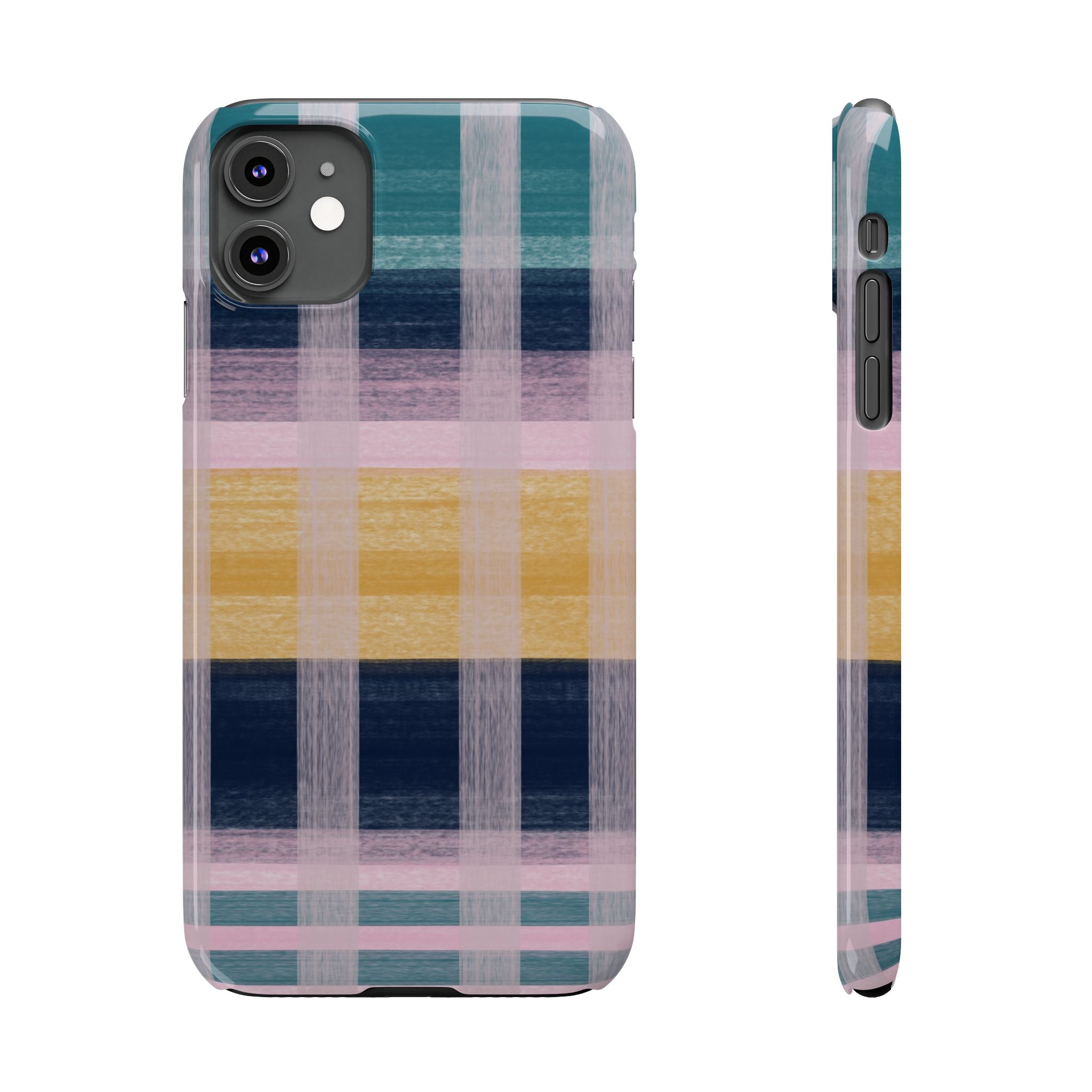 Plaid Brushstroke Slim Phone Case — Pastel Teal, Pink & Yellow Protective Cover SATC Inspired