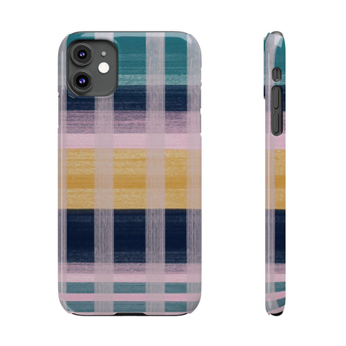 Plaid Brushstroke Slim Phone Case — Pastel Teal, Pink & Yellow Protective Cover SATC Inspired