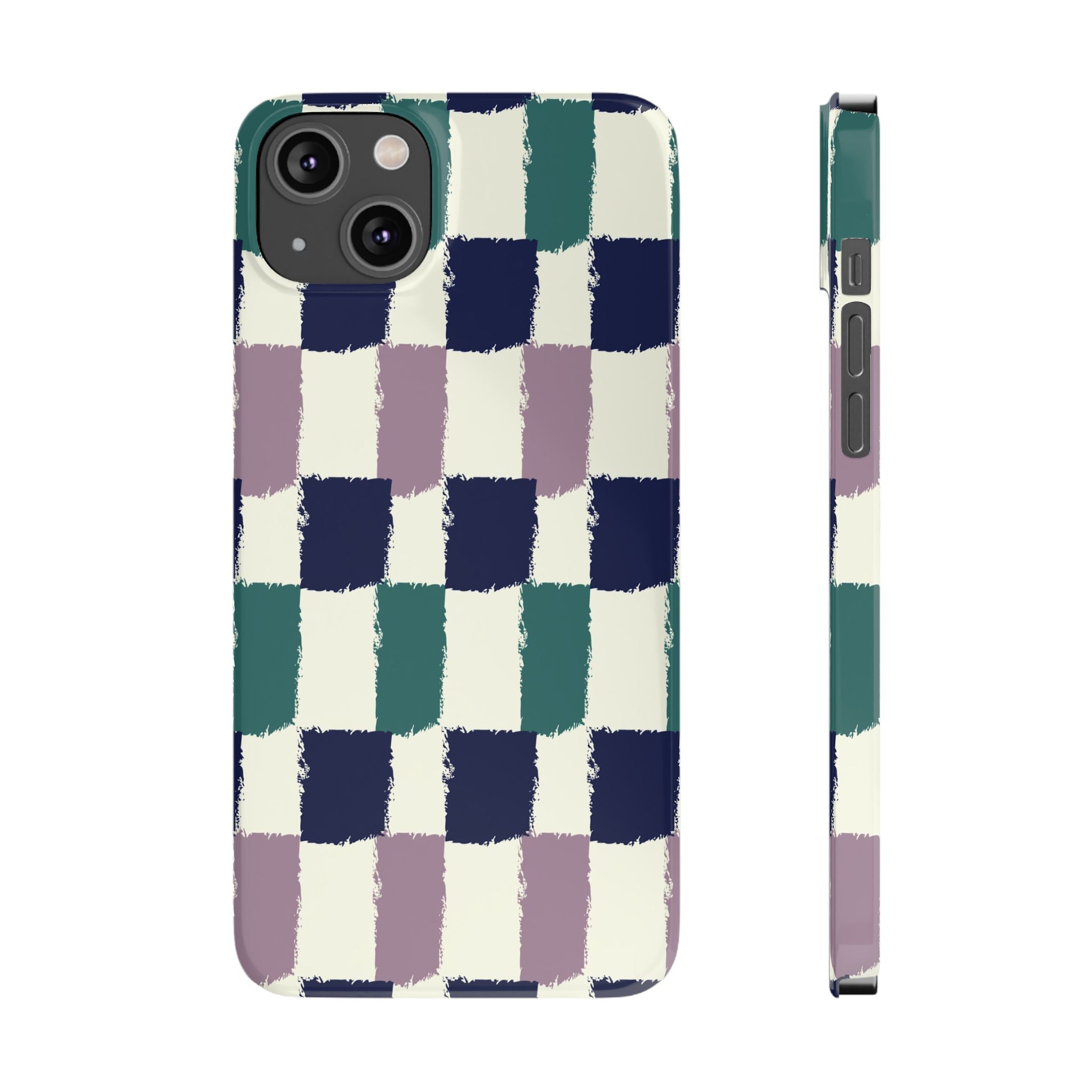 Painterly Check Slim Phone Case — Hand-Painted Navy, Teal & Lavender Grid
